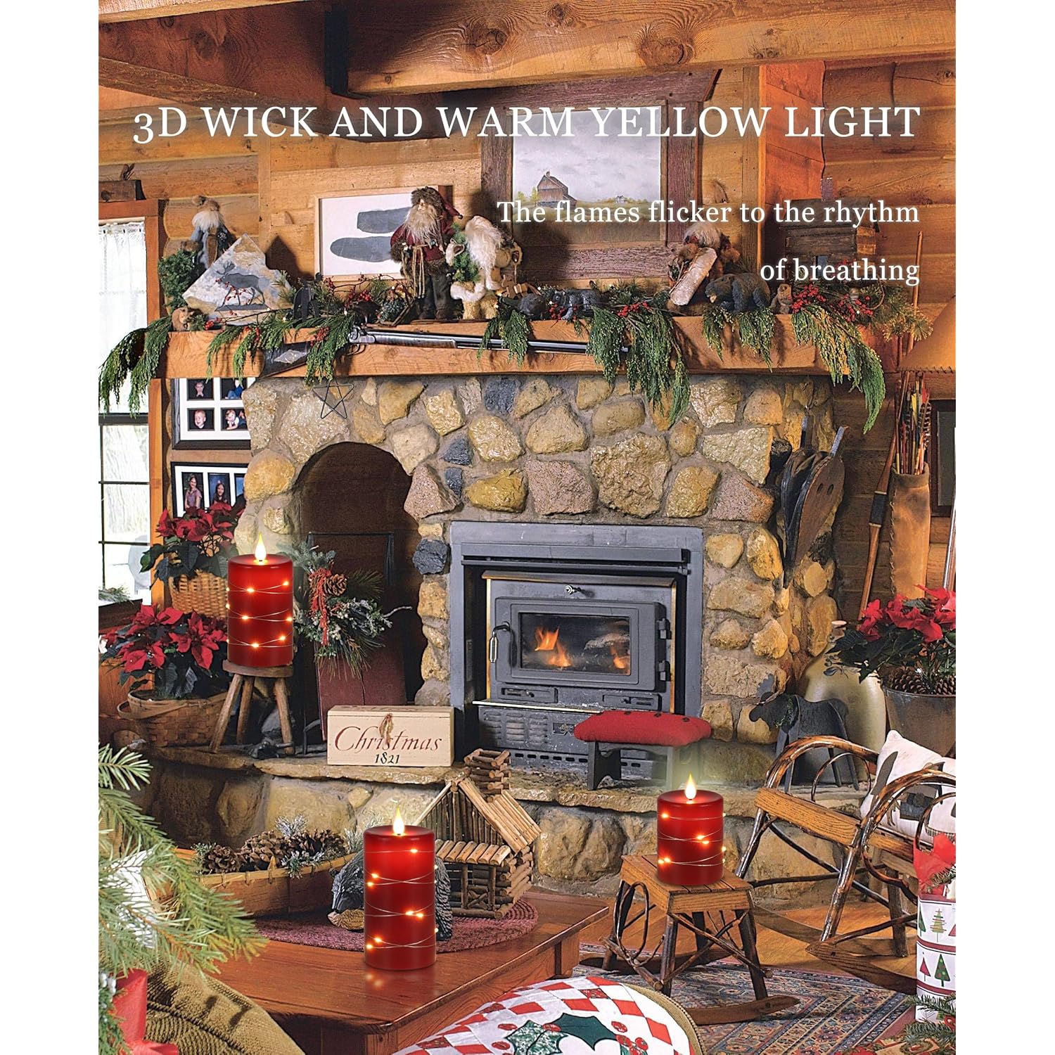 Red Flameless Candles With Remote Control Timer Battery Operated Led Pillar Candles 4‘’ 5‘’ 6‘’ Fake Candles With String Lights Set Of 3 For Christmas Or Special Festivals Decorations