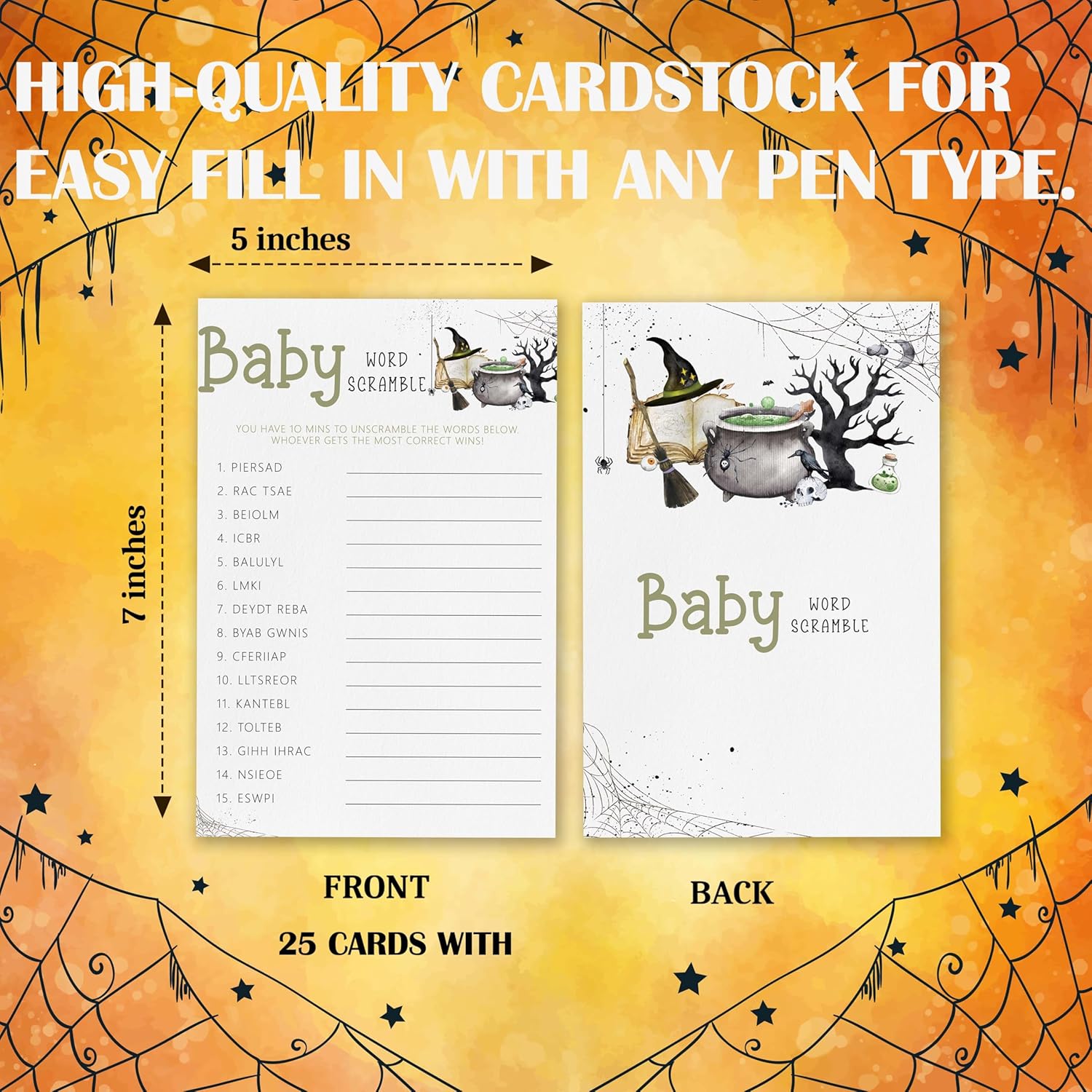 Halloween Baby Shower Games, 25 Pcs Baby Word Scramble Cards For Guests, Witch Hat Gender Reveal Decorations For Party Favors - B07