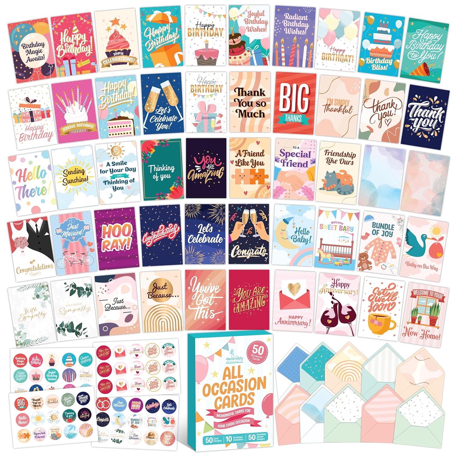 50 Pack Gold Foiled & Glittery 5X7In All Occasion Cards Assortment Box With Envelopes & Stickers, 50 Unique Designs For Friends, Family And Loved Ones With Printed Message - Gifting, Mailing