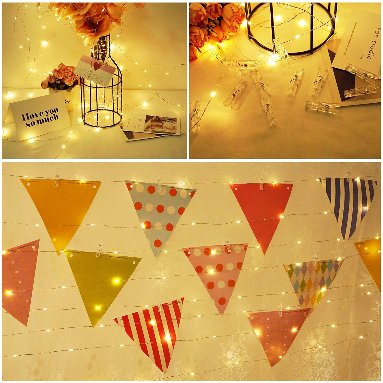 Photo Clip String Lights Battery Powered, 100 Led Fairy String Lights With 50 Clear Clips, Silver Wire String Lights For
