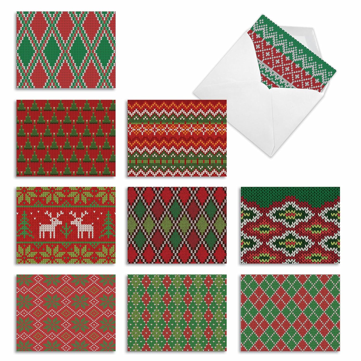 - 10 Merry Christmas Cards Bulk - Festive Holiday Patterns, Boxed Card Assortment (4 X 5.12 Inch) - Christmas Knits M9625Xsg