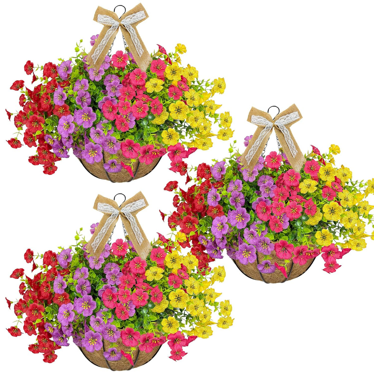 3 Pack Artificial Hanging Flower Baskets With Linen Bows, Decorative Fake Hanging Planters With 36 Pcs Uv Resistant Flowers For Spring Summer Indoor Outdoor Garden Porch Decor(Multicolour)