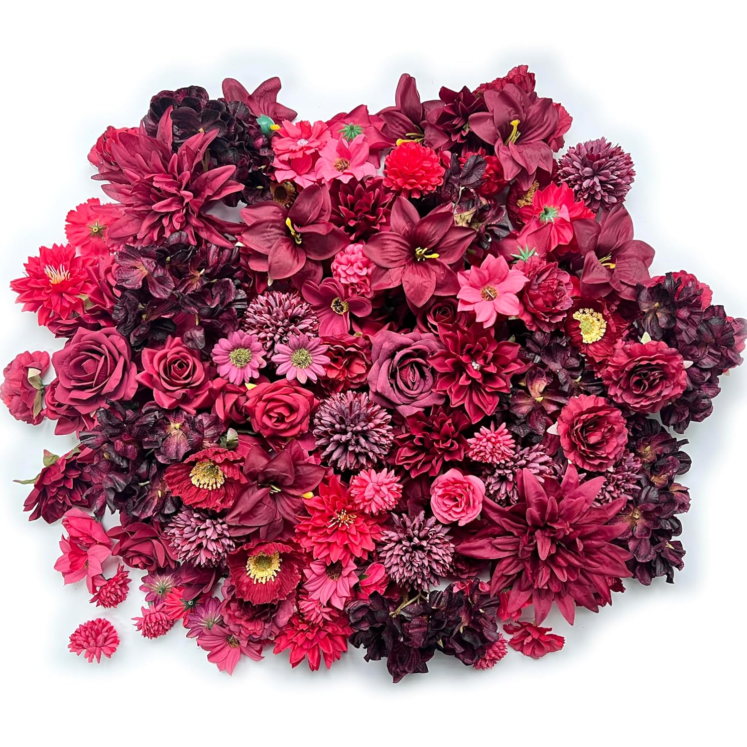 Artificial Burgundy Red Christmas Flowers Bulk Silk Roses Fake Flowers Heads For Crafts Diy Home Party Valentines Decorations Big Small Faux Fabric Flowers Heads 3-12Cm Christmas Decor (Burgundy Red)