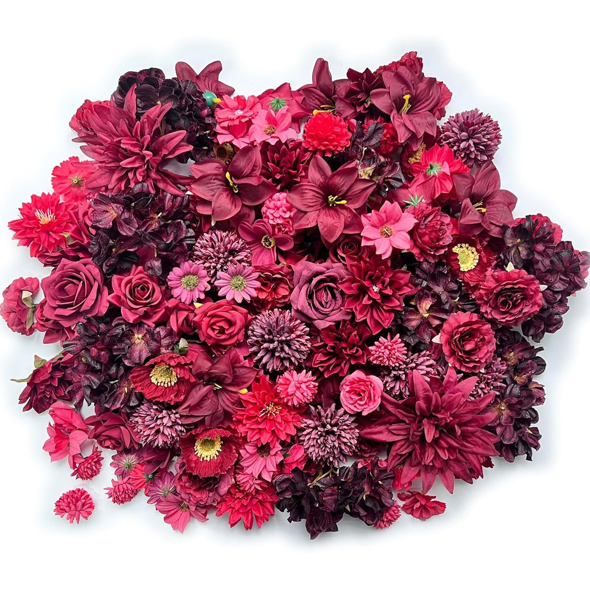 Artificial Burgundy Red Christmas Flowers Bulk Silk Roses Fake Flowers Heads For Crafts Diy Home Party Valentines Decorations Big Small Faux Fabric Flowers Heads 3-12Cm Christmas Decor (Burgundy Red)
