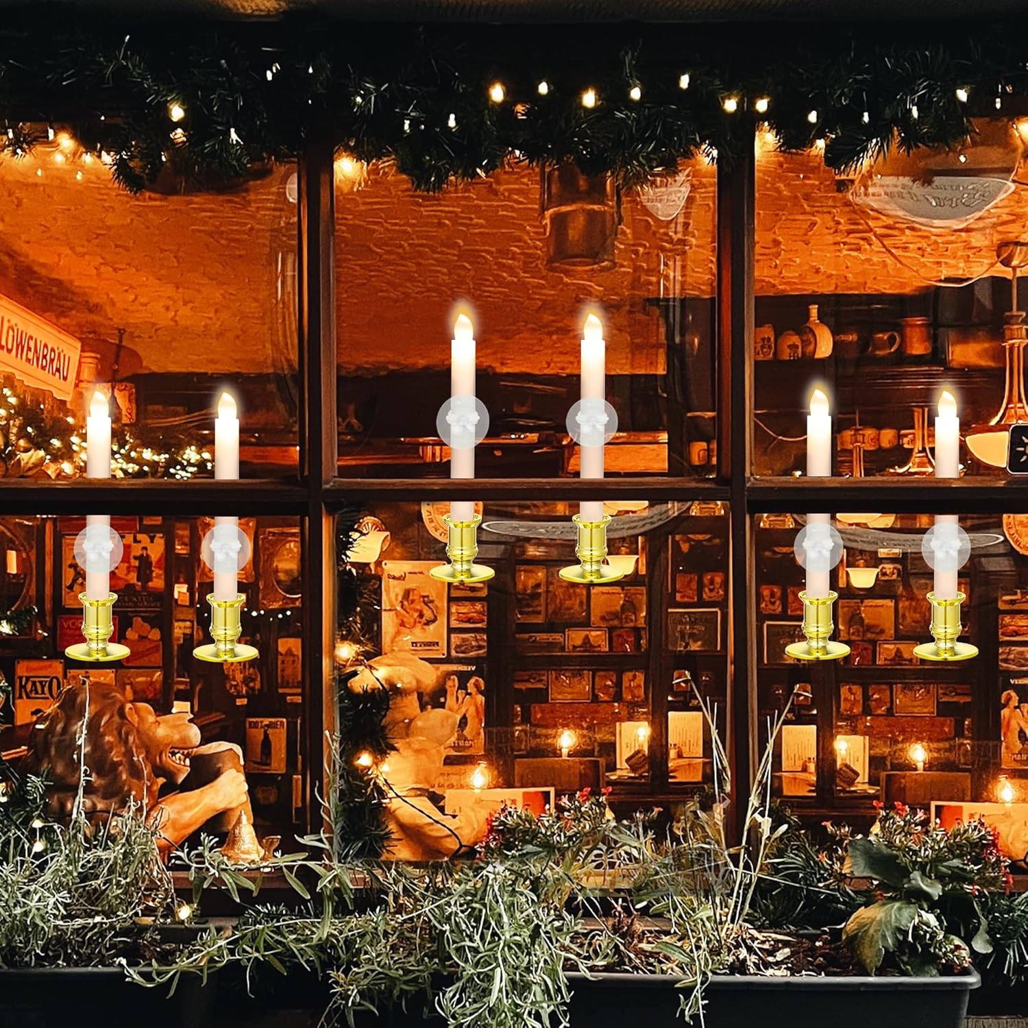 Christmas Window Candles, 6 Pack Battery Operated Flameless Taper Candles For Windows With Timer Remote, Electric Candle Lights With Candle Holders Suction Cups For Christmas