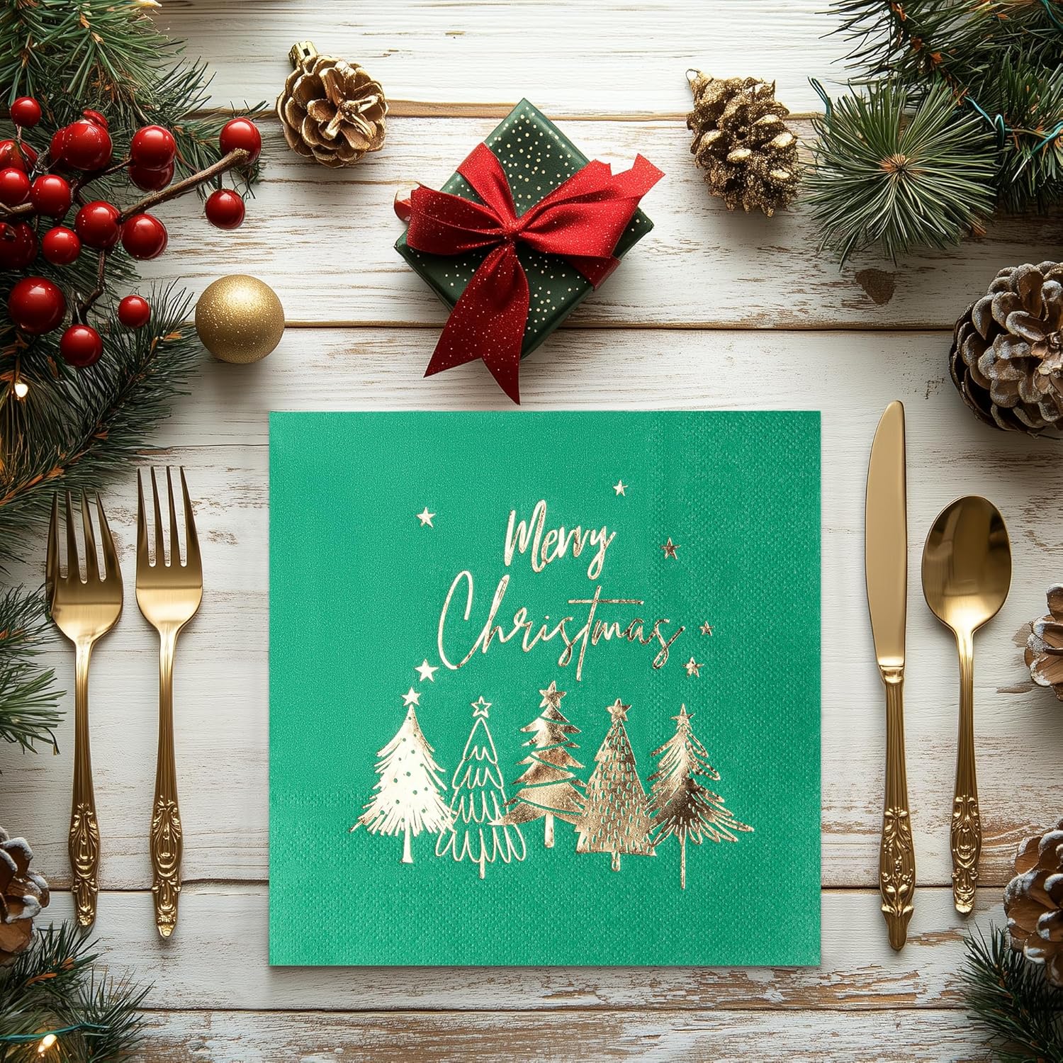 80 Pack Merry Christmas Paper Napkins Red Green White Gold Five Xmas Trees Disposable Party Luncheon Napkins For Christmas New Year Holiday Dinner Party Supplies, 6.5 X 6.5 Inch-5 (Green)