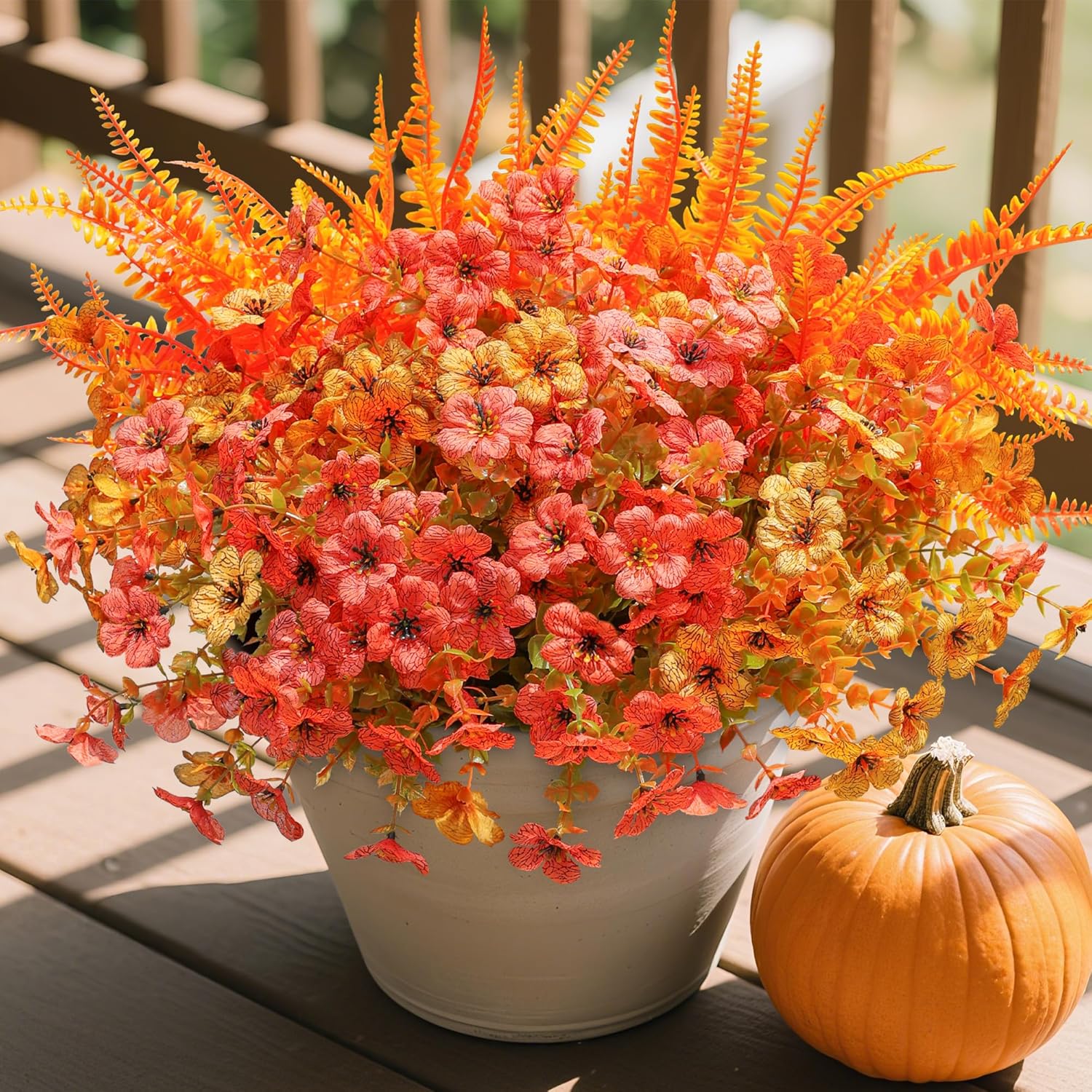 Artificial Fall Flowers Fake Mums Plants For Outdoors Decoration, 14 Bundles Faux Silk Daisy And Ferns Uv Resistant Autumn Fake Planter For Home Porch Patio Yard Window Box