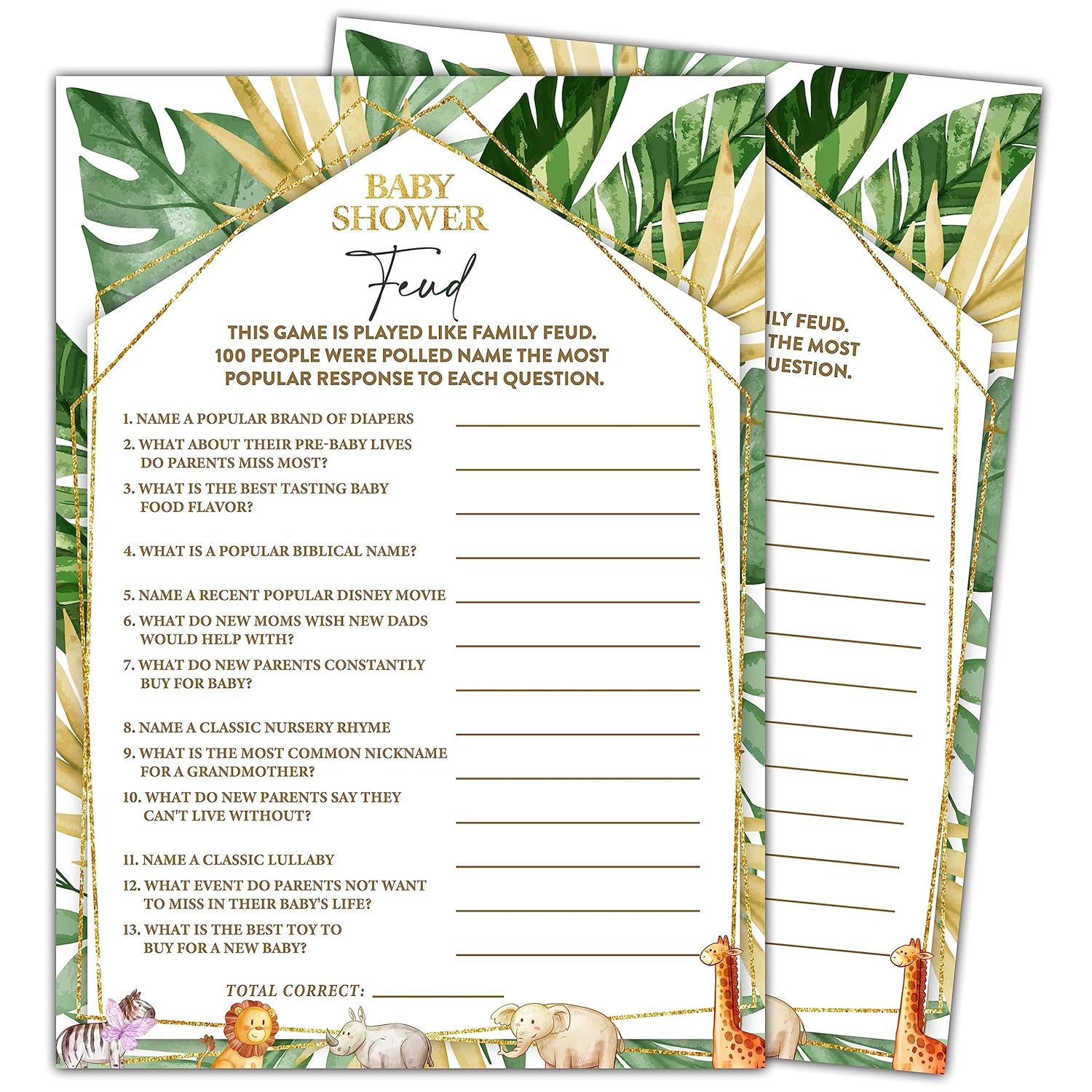 Woodland Animals 30 Baby Shower Feud Game Cards With 1 Answer Card, Safari Gender Reveal Party Supplies Favors (5"X7") - C07