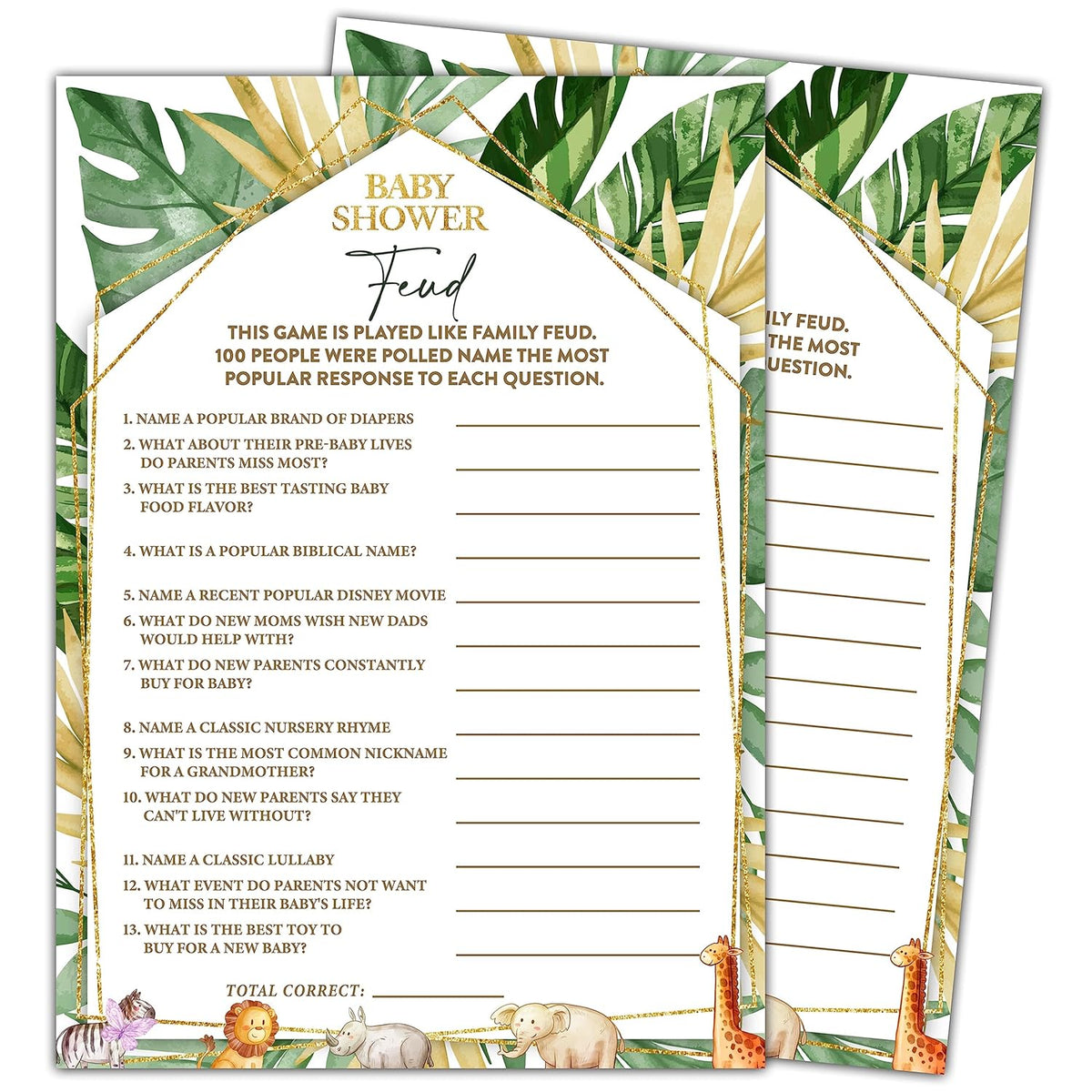 Woodland Animals 30 Baby Shower Feud Game Cards With 1 Answer Card, Safari Gender Reveal Party Supplies Favors (5"X7") - C07