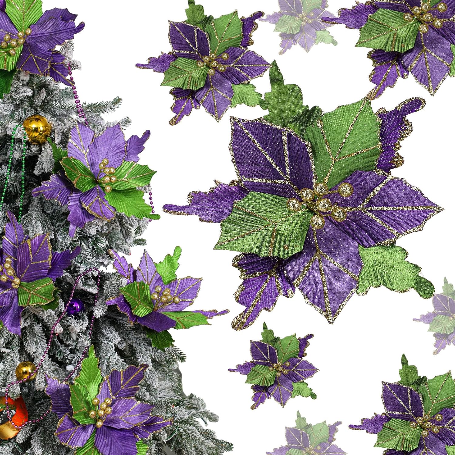 6 Pcs 10'' Mardi Gras Poinsettia Flower Large Flowers Glitter Artificial Tree Decorations Carnival Party Tree Ornaments Wreath Supplies New Orleans Style Party