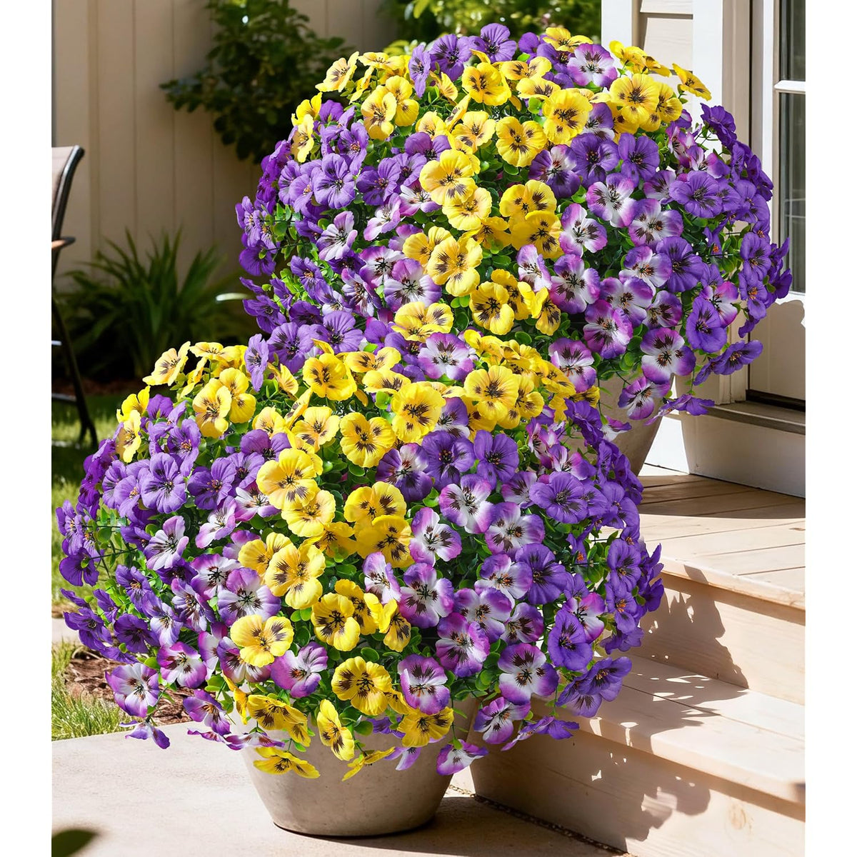 Artificial Fake Pansy Flowers For Outdoor Outside, 20Pcs Faux Silk Mixed Pansies Uv Resistant Flowers For Porch Yard Patio Window Box Home Decor (Purple Yellow Gradient Purple)