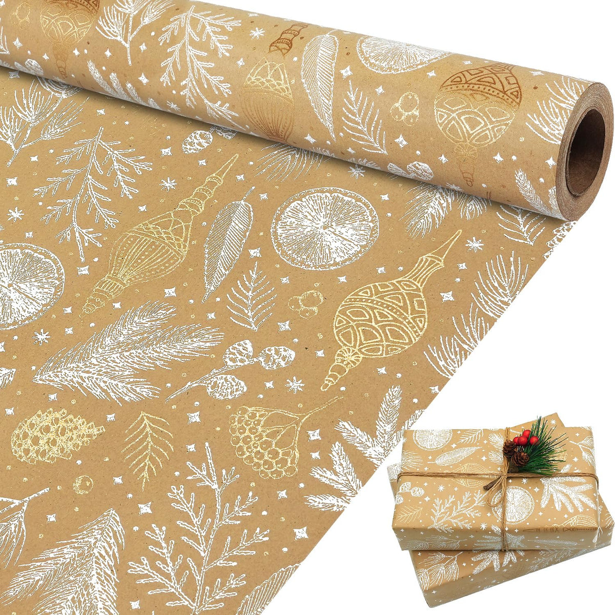Christmas Wrapping Paper, Brown And Gold Foil Kraft Gift Wrapping Paper Roll, Christmas Wrapping Paper Jumbo Roll, Gift Wrapping Paper For Christmas Winter Holiday Birthday,17Inch × 33Feet