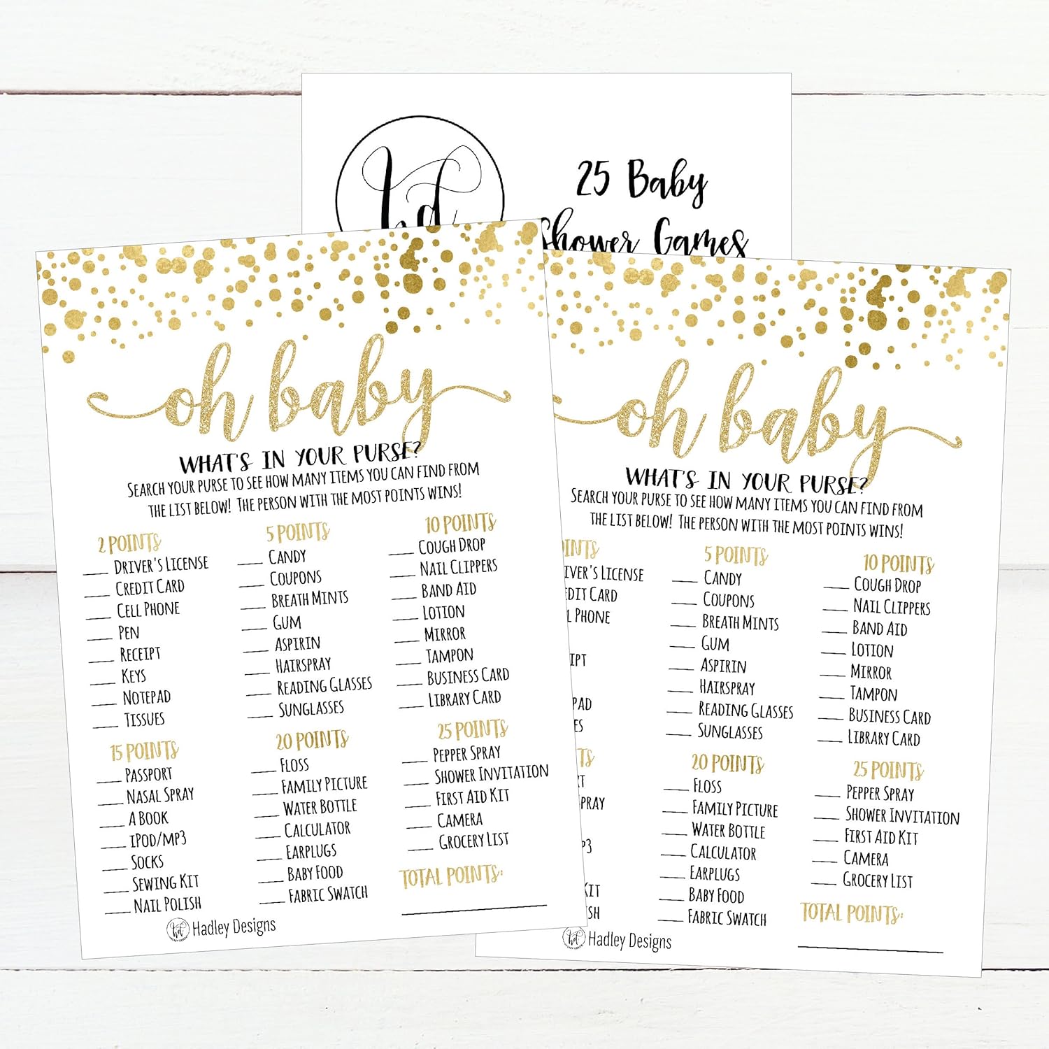 Baby Shower Games For 25 Guests - Gold Dots Whats In Your Purse Baby Shower Game, Babyshower Games Boy Girl Gender Neutral, What'S In Your Purse Gender Reveal Game, Made In Usa
