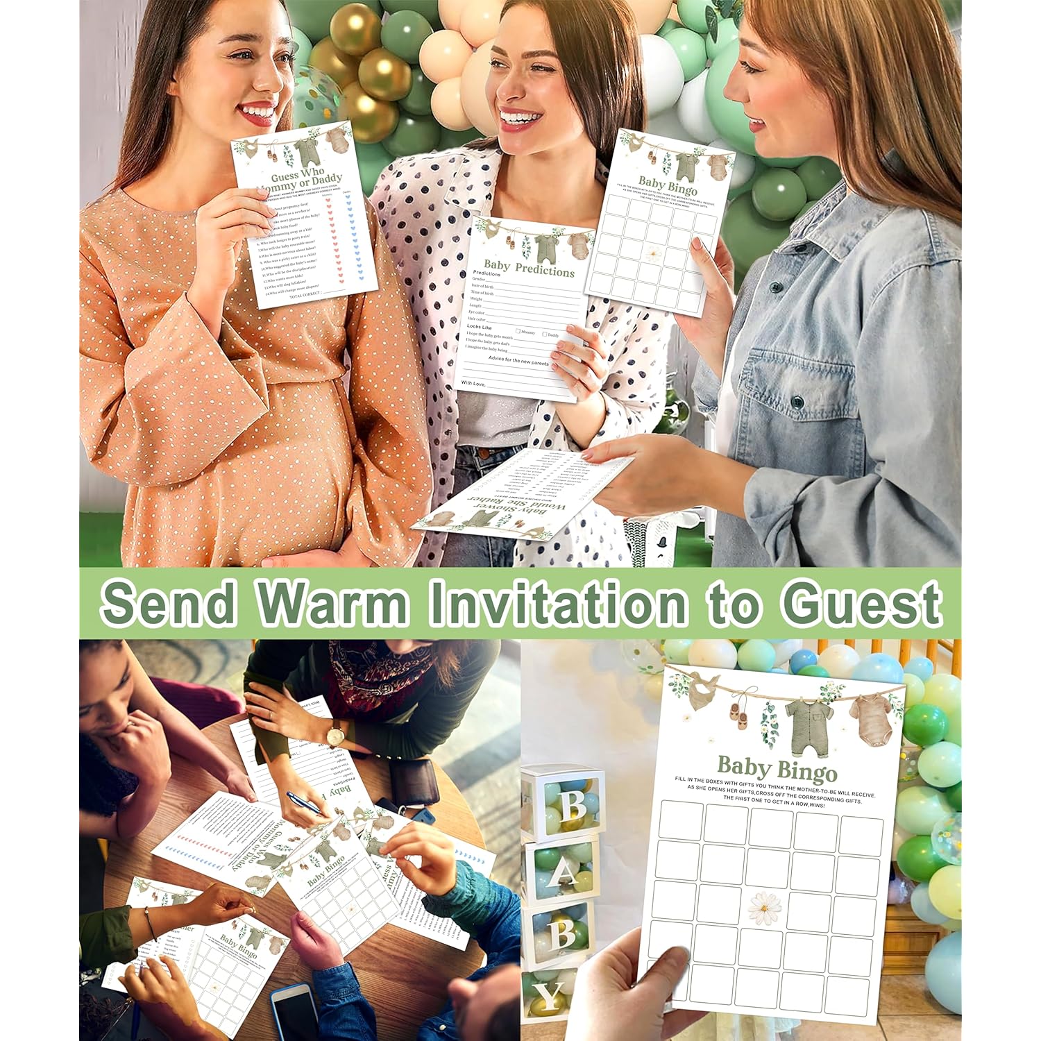 Baby Shower Games For Boys, Bingo Game For 25 Guests, Fun Mommy Or Daddy Prediction Game, Would She Rather Sage Green Baby Shower Decorations Ideas