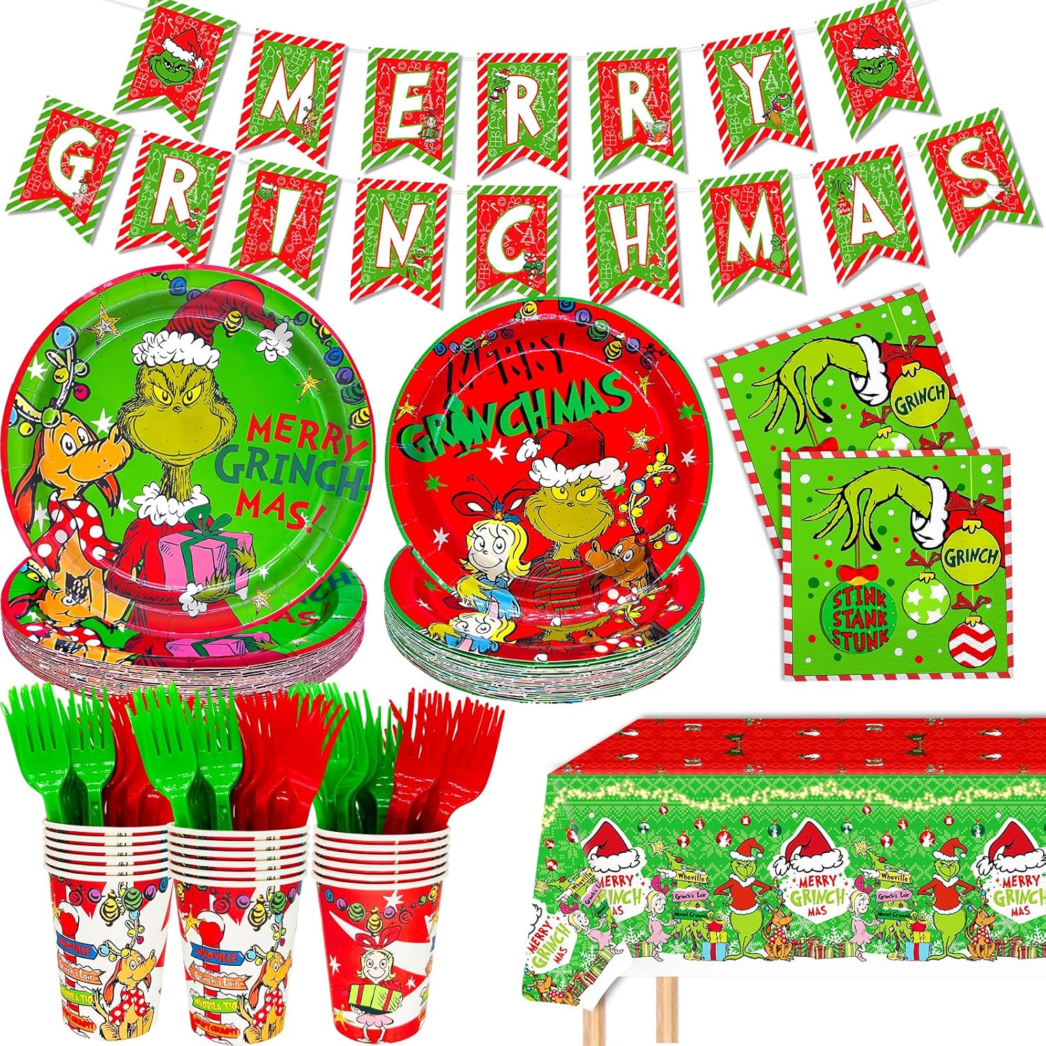 122Pcs Christmas Party Decorations Merry Christmas Party Supplies Tableware Set With Banner Plates Napkins Cups Tablecloth Forks Serve 24