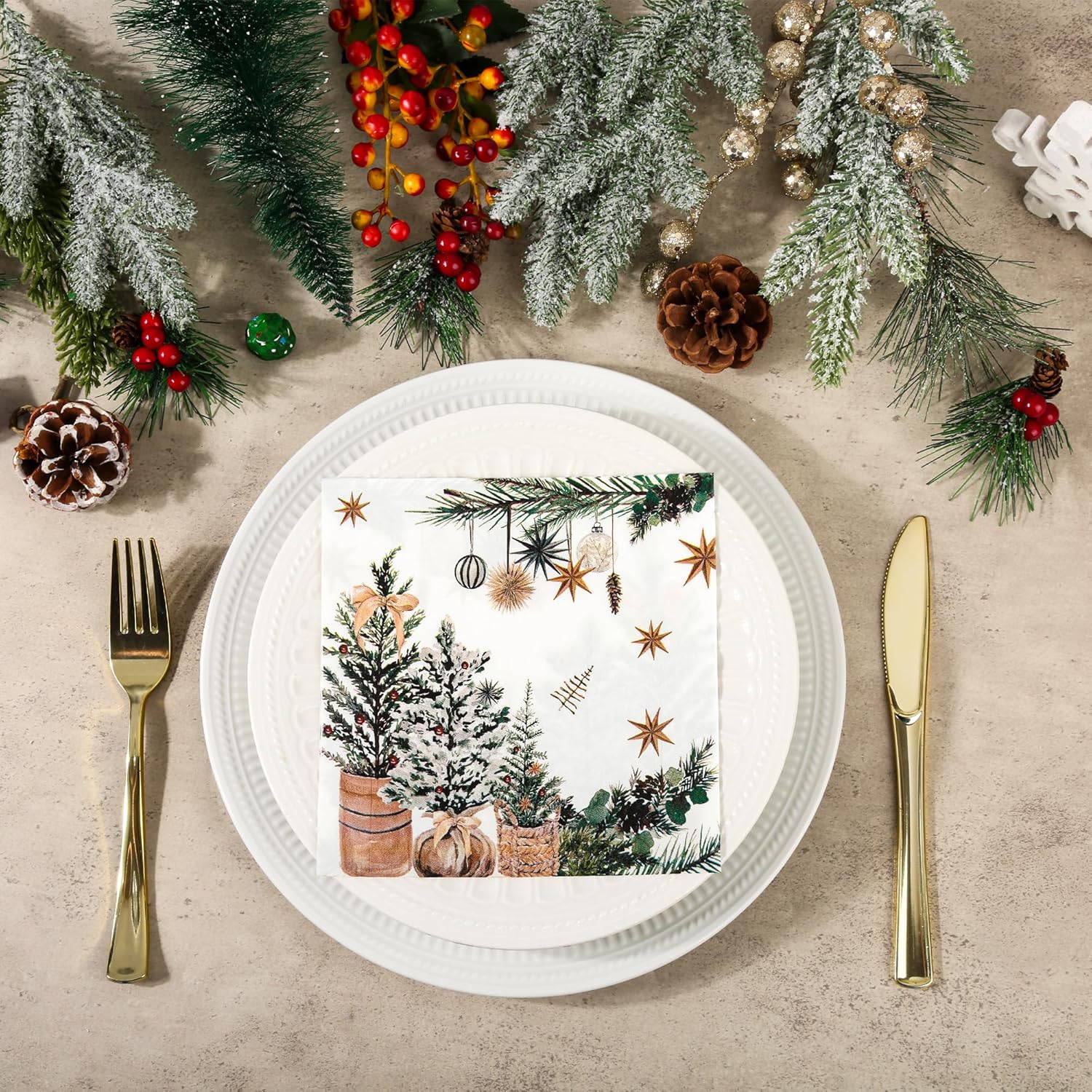 100Pcs Xmas Trees Holly Pine Cone Paper Napkins Winter Greenery Disposable Party Napkin 6.5" Christmas Cozy Boho Luncheon Hand Towel For Decoupage Holiday Party Table Decor