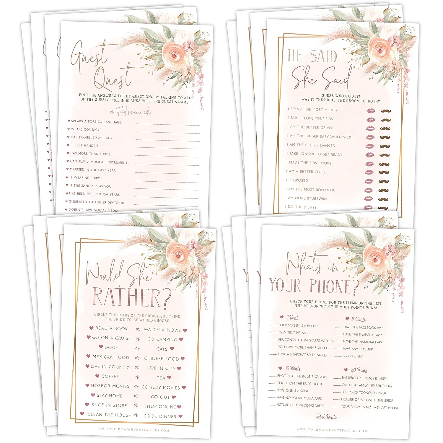 Boho Bridal Shower Bachelorette Games - Floral Neutral Theme - He Said She Said, Find The Guest, Would She Rather, What'S In Your Phone - 25 Games Each, 1 Game Per Side