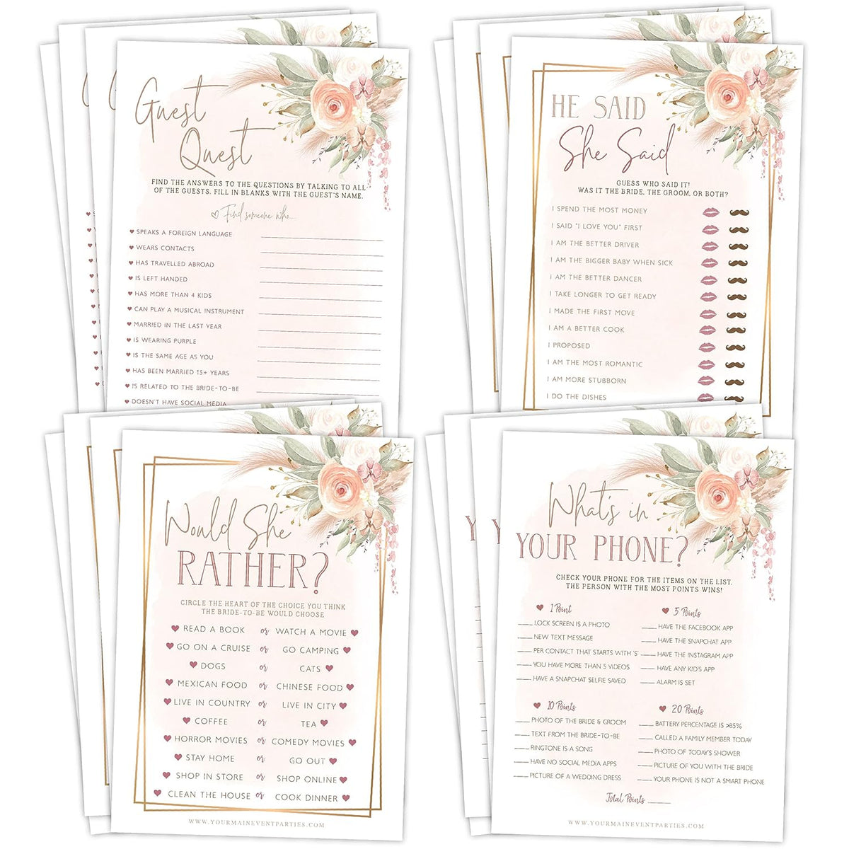 Boho Bridal Shower Bachelorette Games - Floral Neutral Theme - He Said She Said, Find The Guest, Would She Rather, What'S In Your Phone - 25 Games Each, 1 Game Per Side