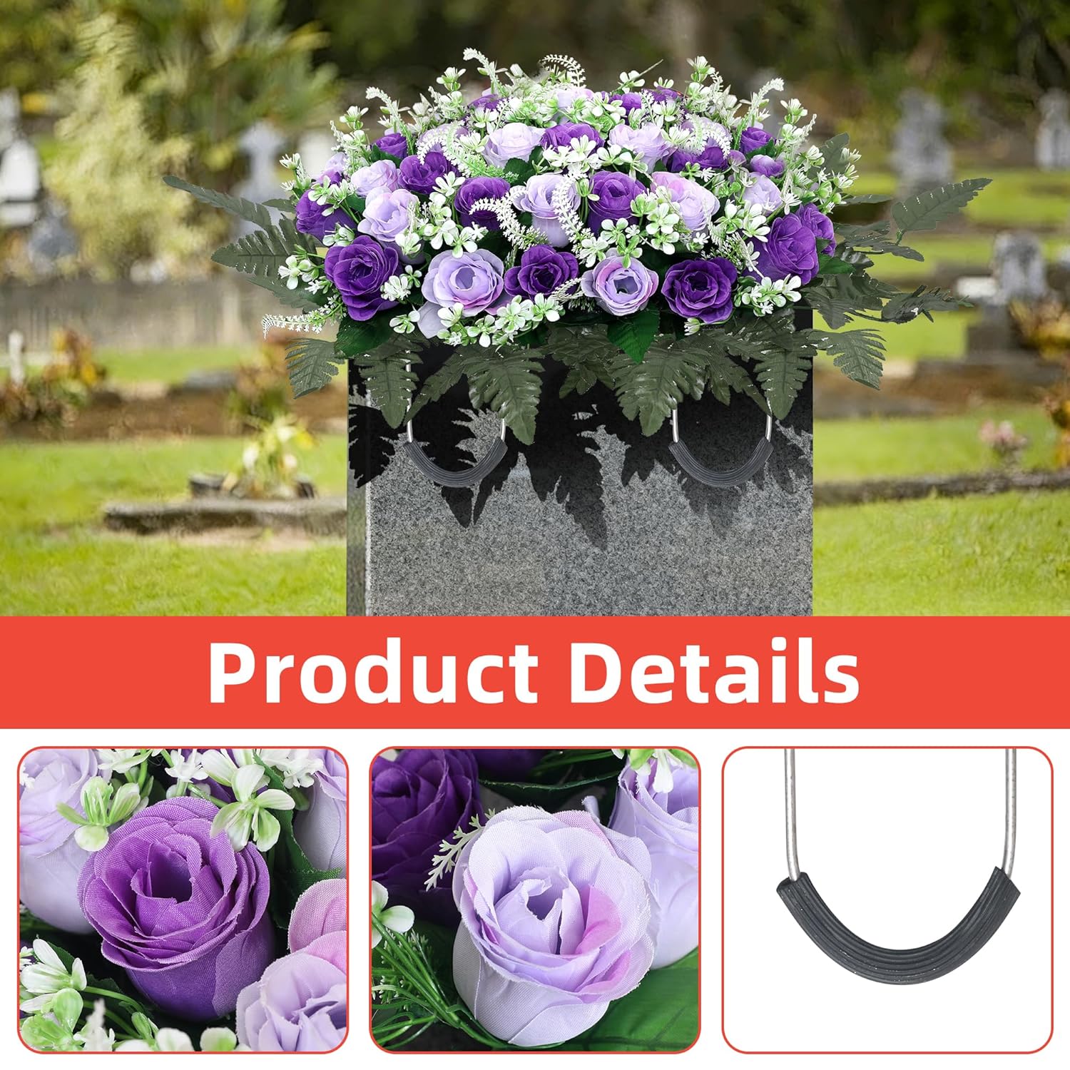 Artificial Cemetery Flower Saddles For Graves – 10 Pcs Silk Fern & 40 Realistic Rose Blossoms With Metal Headstone Holder –Resistant Memorial Flowers For Tombstone Decor (Purple)