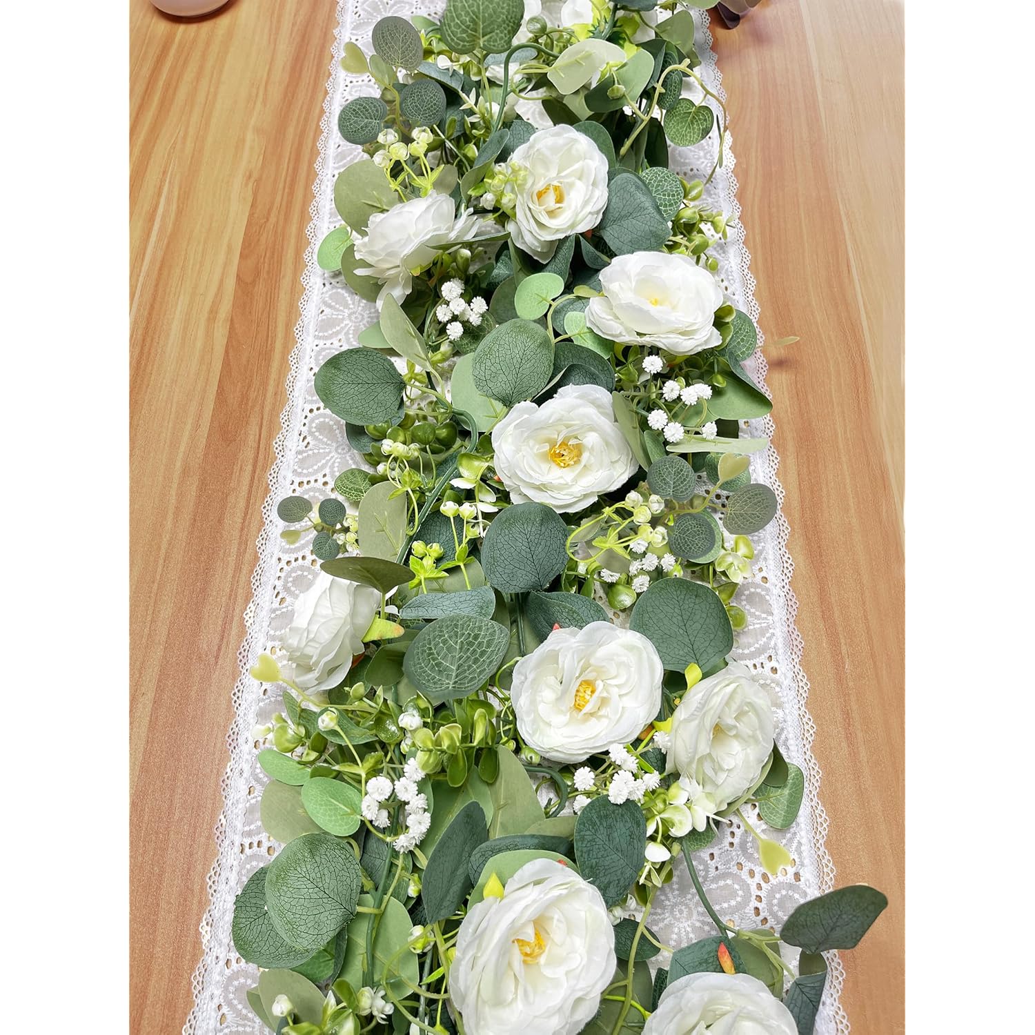 2 Pack 6Ft Artificial Eucalyptus Flower Garland With White Roses, Faux Floral Greenery Garland Fake Flower Vines For Wedding Party Centerpiece Table Runner Arch Party Decor (2Pcs,White