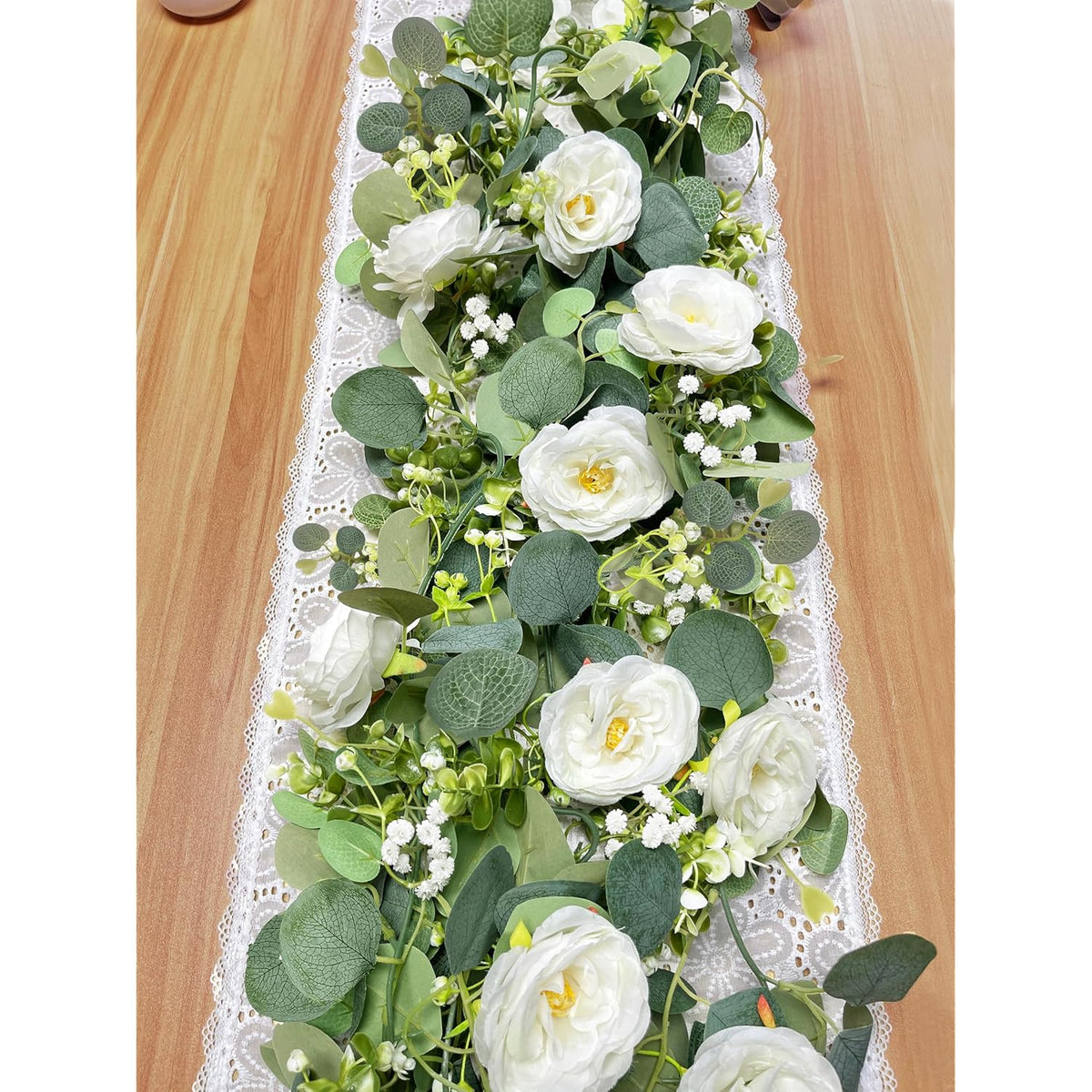 2 Pack 6Ft Artificial Eucalyptus Flower Garland With White Roses, Faux Floral Greenery Garland Fake Flower Vines For Wedding Party Centerpiece Table Runner Arch Party Decor (2Pcs,White