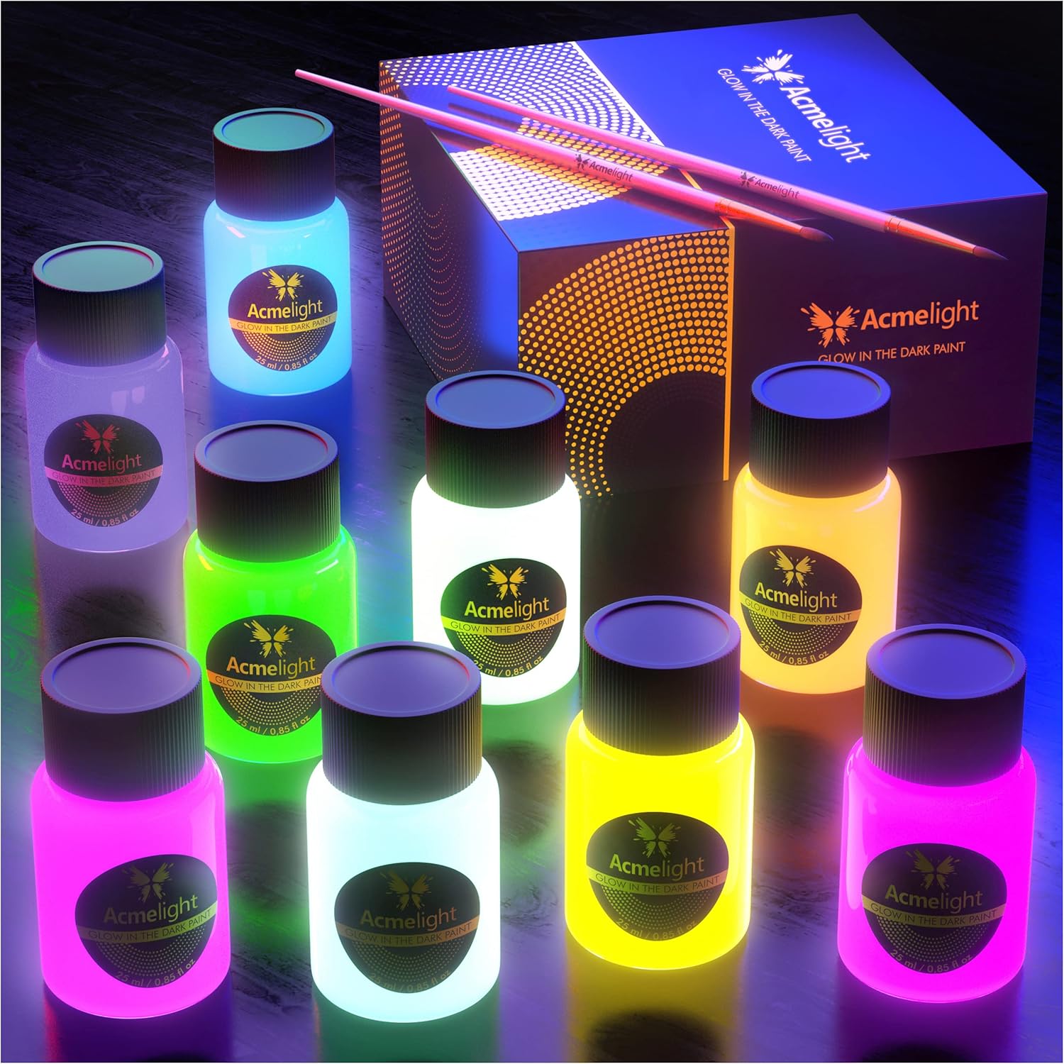 Glow In The Dark Acrylic Paint Set - 9 Neon Fluorescent Colors For Canvas, Wood & Stone - Blacklight Reactive - Cool Art Supplies Gift For Artists & Adults