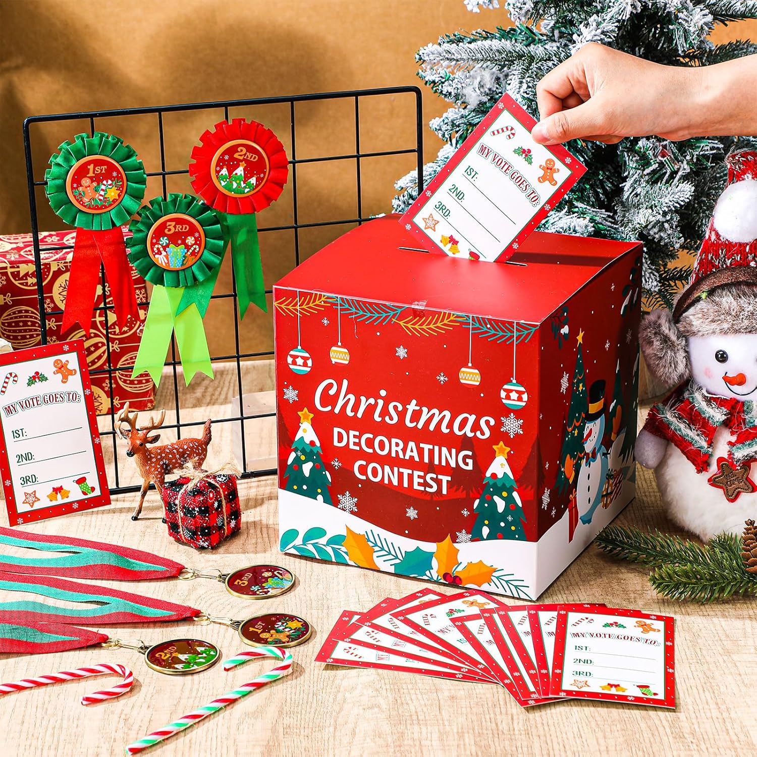 57 Pcs Christmas Decorating Contest Kit Includes 1 Voting Box 50 Ballot Cards 3 Christmas Decorating Ribbons And 3 Award Medals For Xmas Holiday Party Trophy Supplies