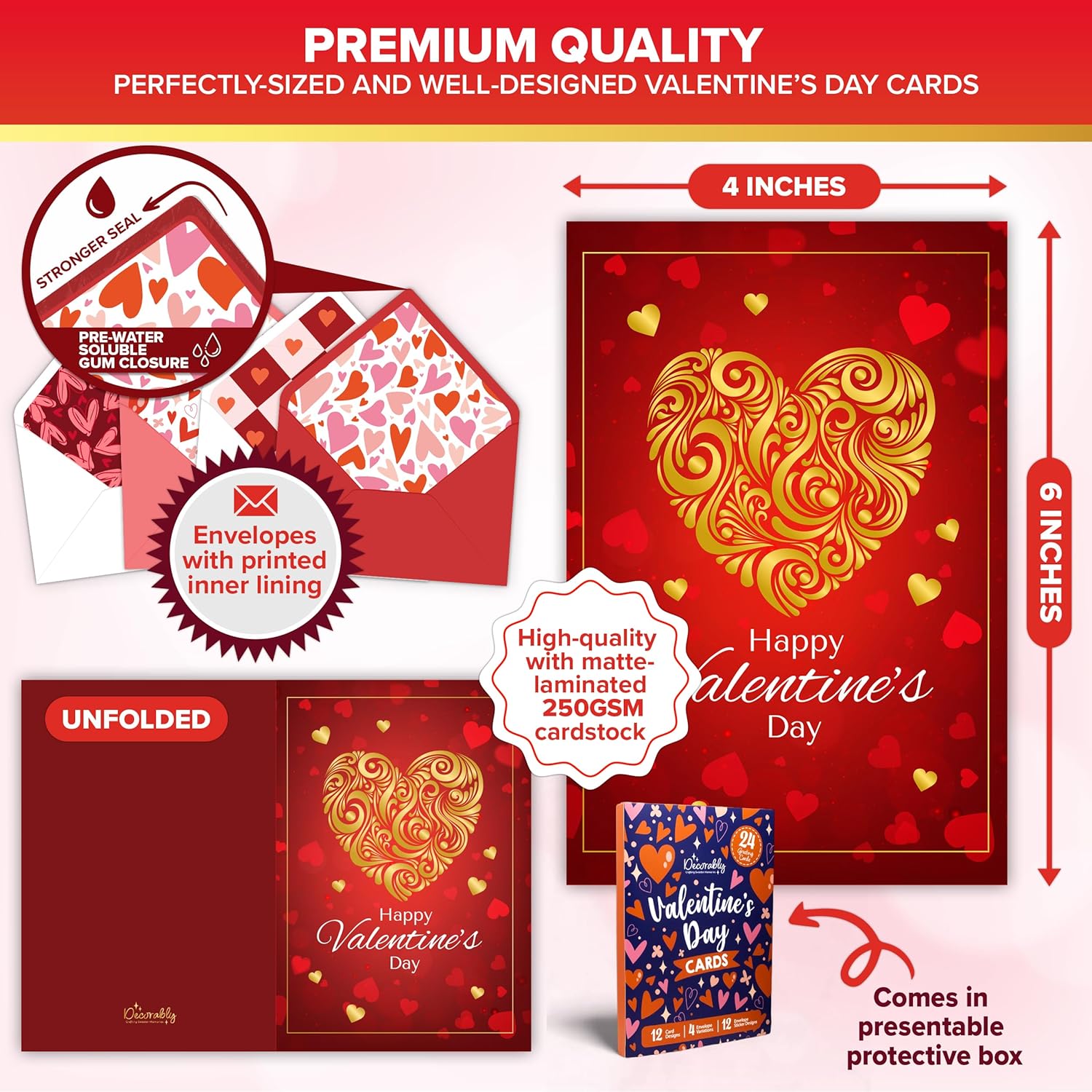 24 Pack 4X6In Valentine Cards For Adults & Kids With Envelopes And Stickers, 12 Assorted Designs Multipack For Family, Friends & Loved Ones, Printed Message - Hearts' Day, Gifting, Mailing