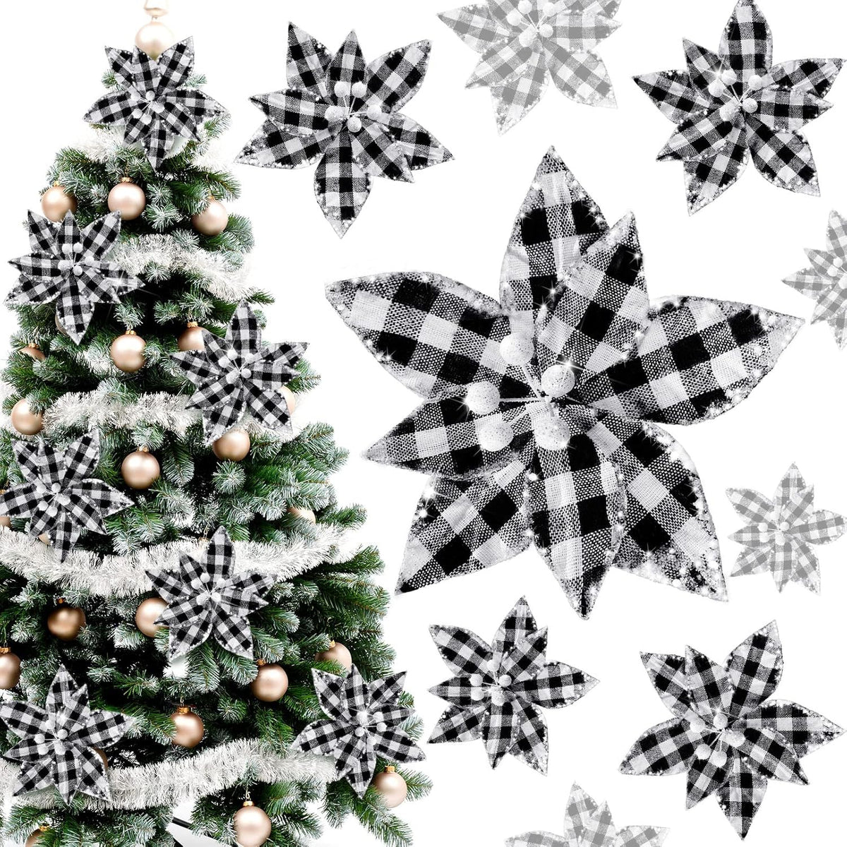 12 Pieces Buffalo Plaid Poinsettias Christmas Tree Ornaments Artificial Christmas Flowers With Glitter Powder For Christmas Tree Wreaths Garland Holiday Decorations 6.7 Inch (Black And White)