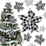 12 Pieces Buffalo Plaid Poinsettias Christmas Tree Ornaments Artificial Christmas Flowers With Glitter Powder For Christmas Tree Wreaths Garland Holiday Decorations 6.7 Inch (Black And White)
