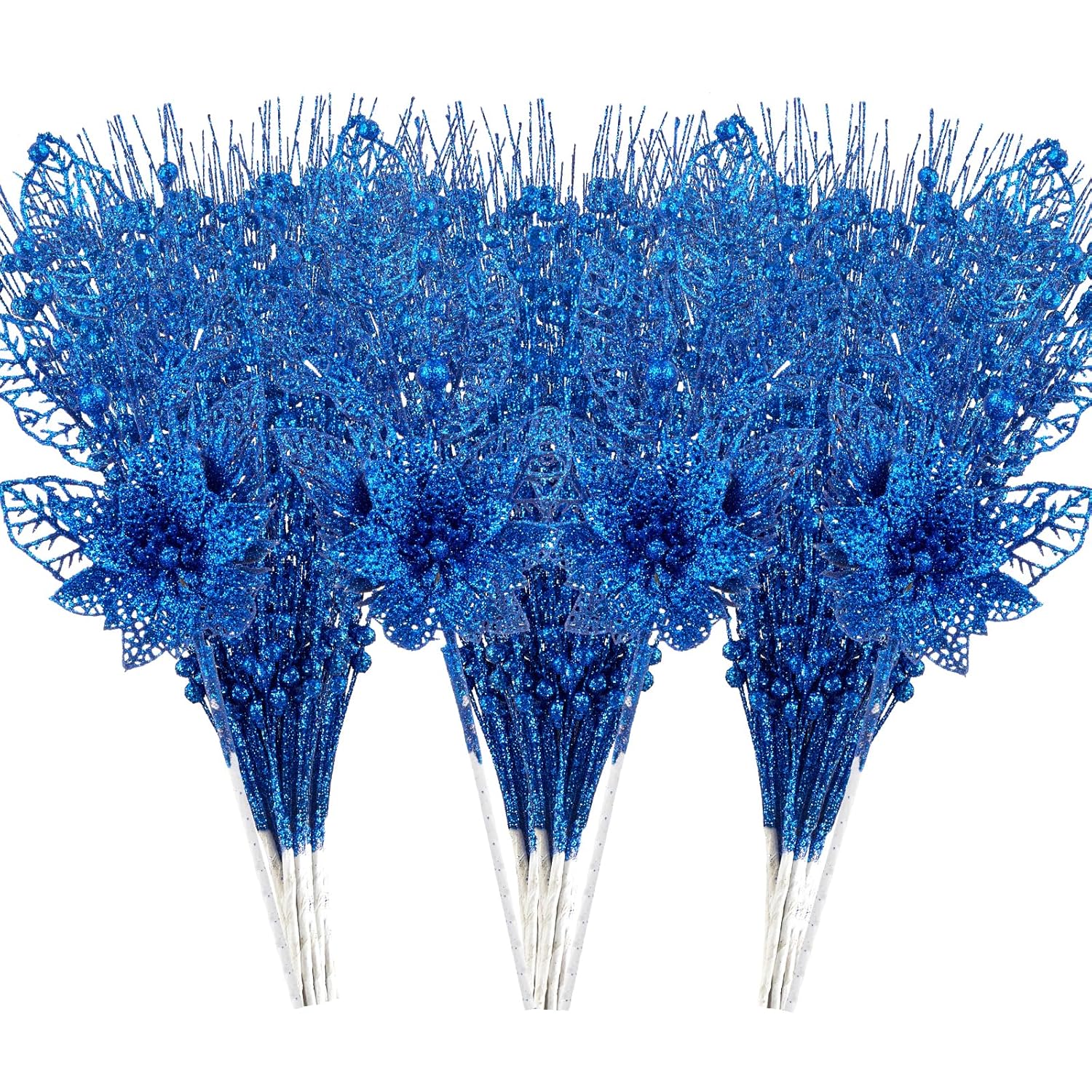24 Pack Christmas Tree Ornaments - Artificial Flowers Glitter Berry Stems Christmas Floral Picks Branches For Xmas Tree Decorations Vase Filler Holiday Wedding Party Home Decor (Blue)