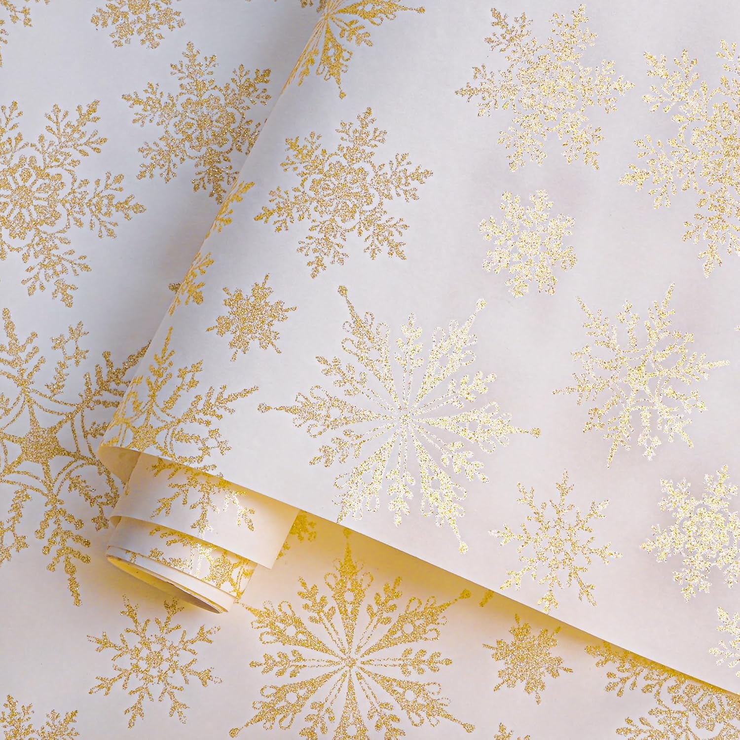 Gold Christmas Wrapping Paper Roll - White Gold Xmas Snowflake Design For Holiday Winter Parties(Gold Snowflake, 17 Inches X 16.5 Feet)