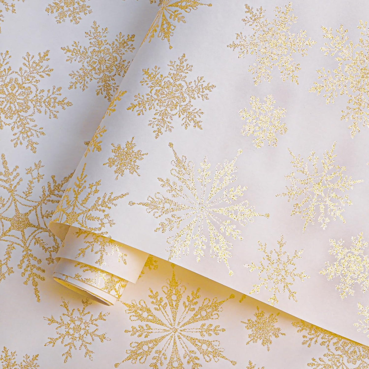 Gold Christmas Wrapping Paper Roll - White Gold Xmas Snowflake Design For Holiday Winter Parties(Gold Snowflake, 17 Inches X 16.5 Feet)