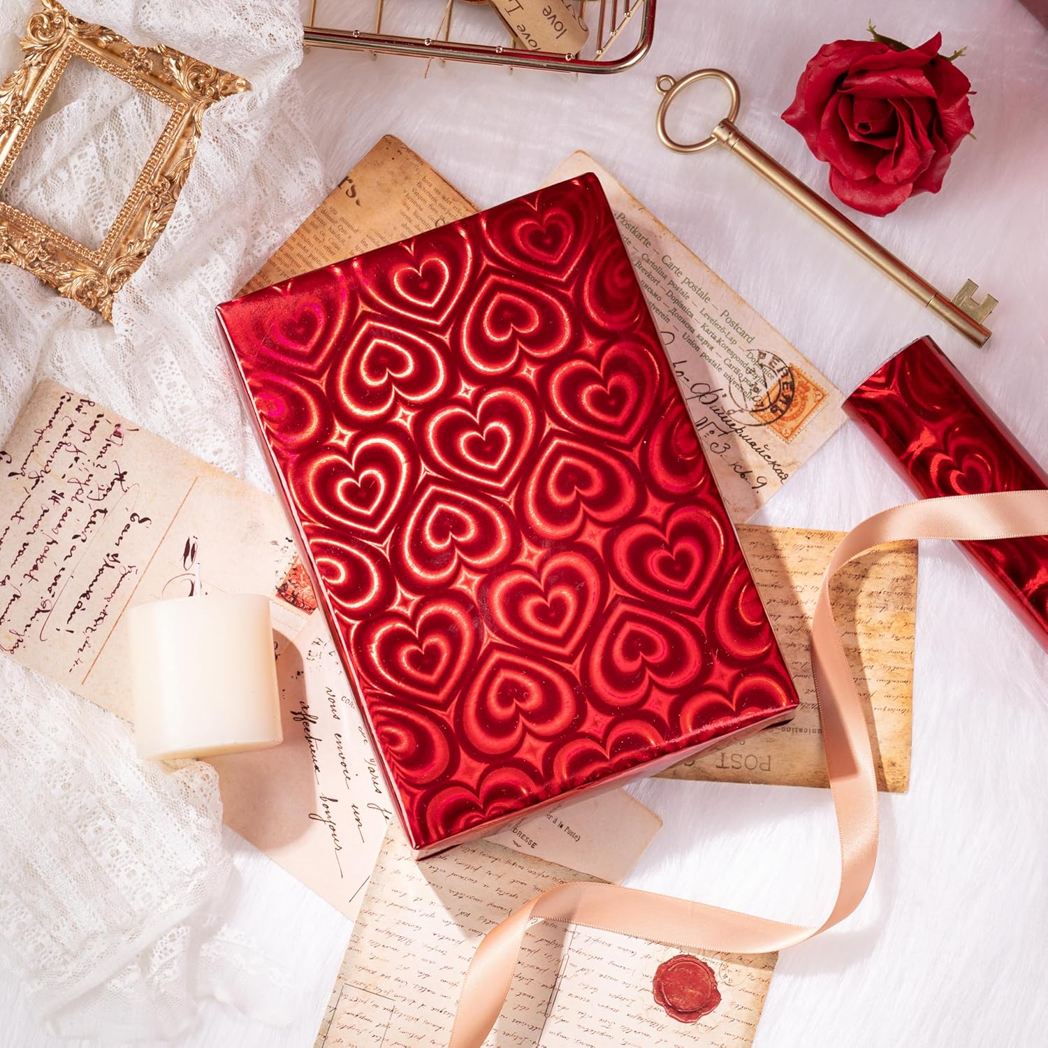 Red Holographic Heart Wrapping Paper Roll, Shiny Heart Metallic Foil For Valentines, Christmas, Wedding, Anniversary, Birthday & New Year Celebrations, Mini Roll 17 In X 32.8 Ft