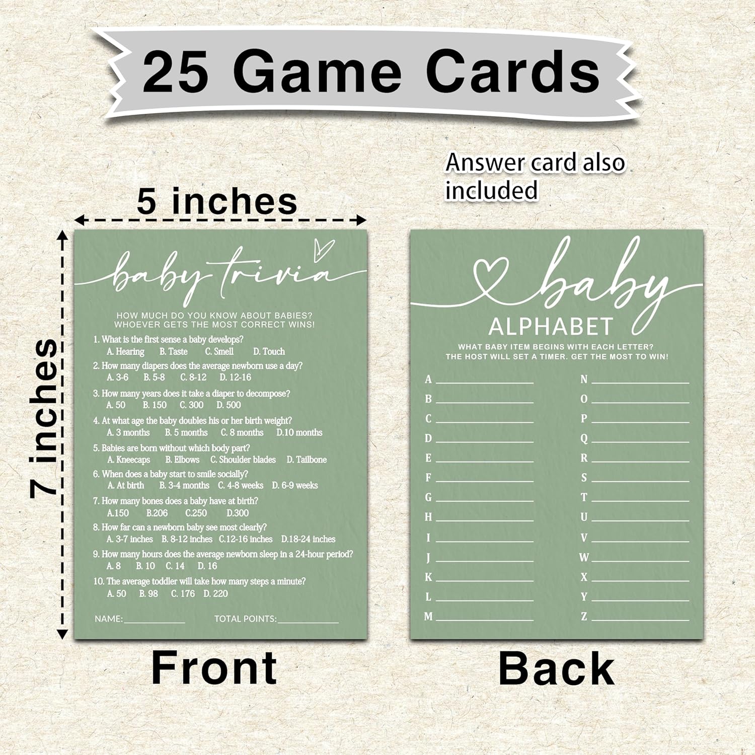 Hilarious Baby Shower Game Cards Ideas, 5" X 7" Double-Sided Baby Shower Games For Girl Or Boy, Green Minimalism Gender Reveal Party Supplies - D07