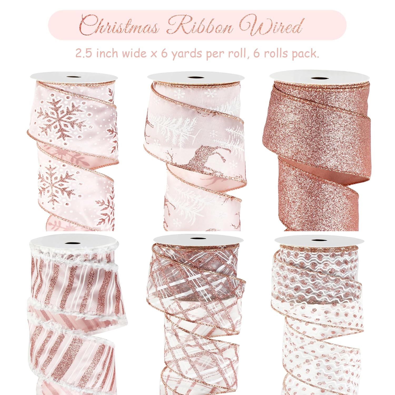 Rose Gold Christmas Ribbon Wired 2.5" Pink Christmas Tree Ribbon Garland Rose Gold Glitter Wired Ribbon For Crafts, Wreaths, Topper Bows, Gift Wrapping, Home Decor (6 Rolls 36 Yards)