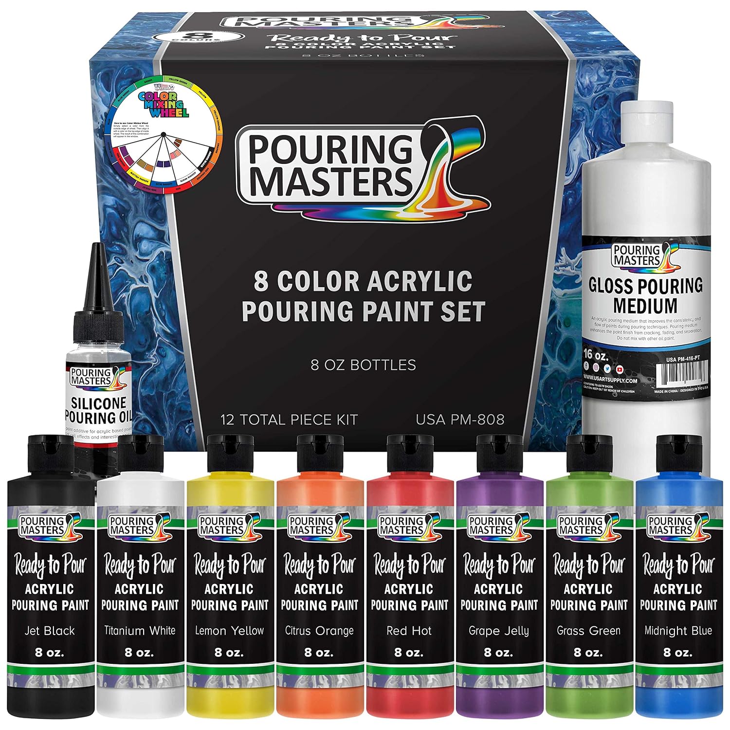 Pouring Masters 8 Color Ready-To-Pour Acrylic Pouring Paint Set, With Silicone Oil & Gloss Medium, 8Oz Bottles For Canvas & Crafts