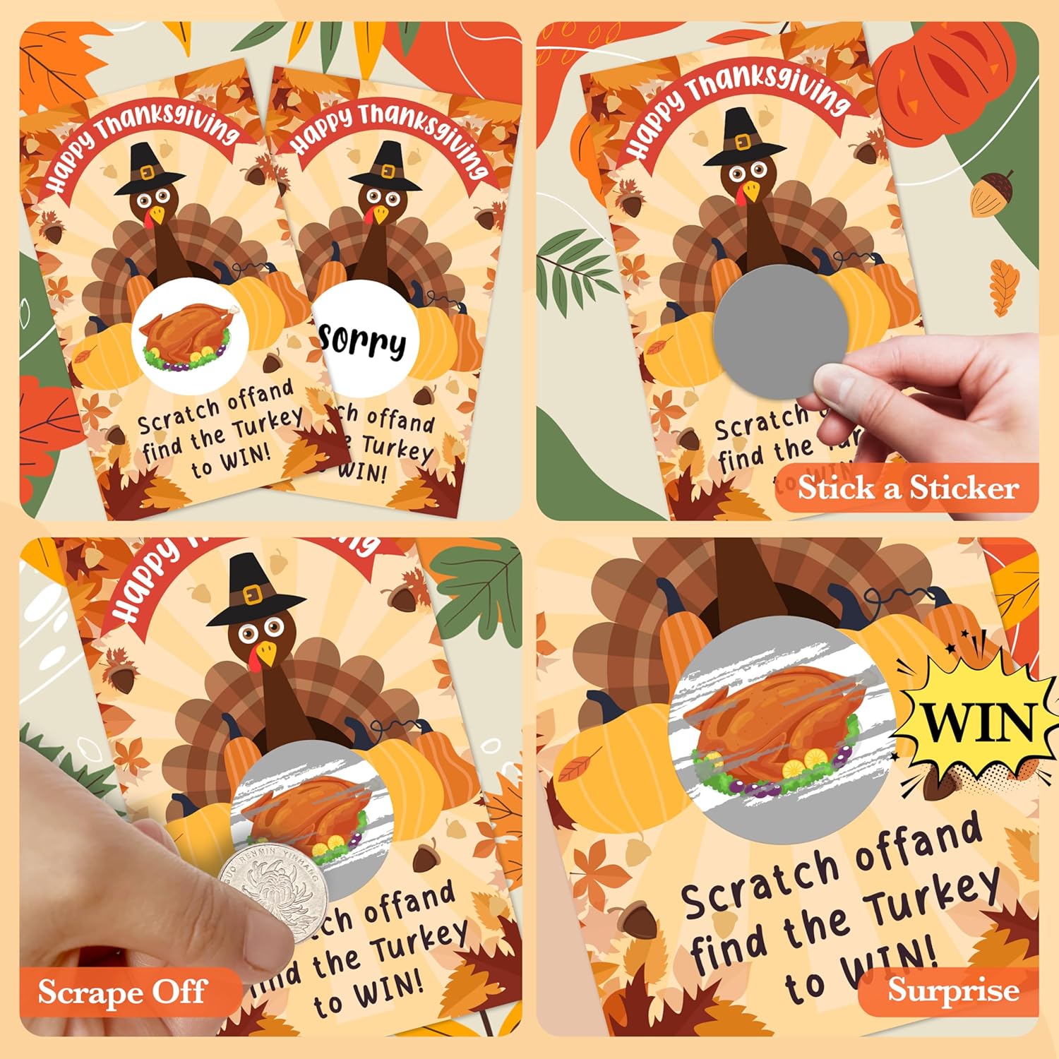 Thanksgiving Scratch Off Cards, 50 Pcs Turkey Scratch Off Tickets, Fall Harvest Party Game Cards For Adults Family Groups Supplies Classroom Activities - A02