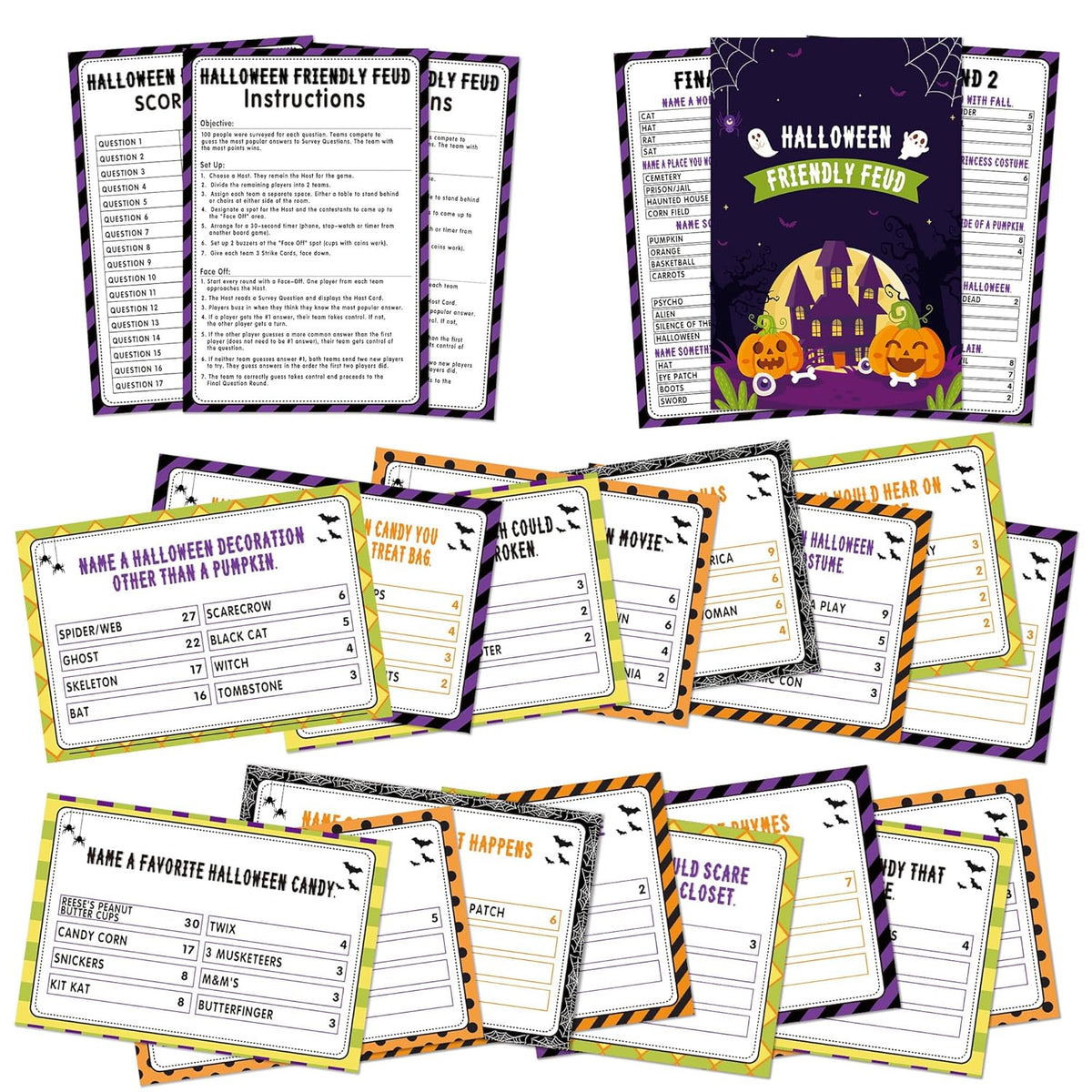 Halloween Friendly Feud Quiz Game For Family, Family Game Night For Adults, Evil Pumpkin Themed Games Cards For Large Groups, Halloween Party Decorations Supplies Favors -01
