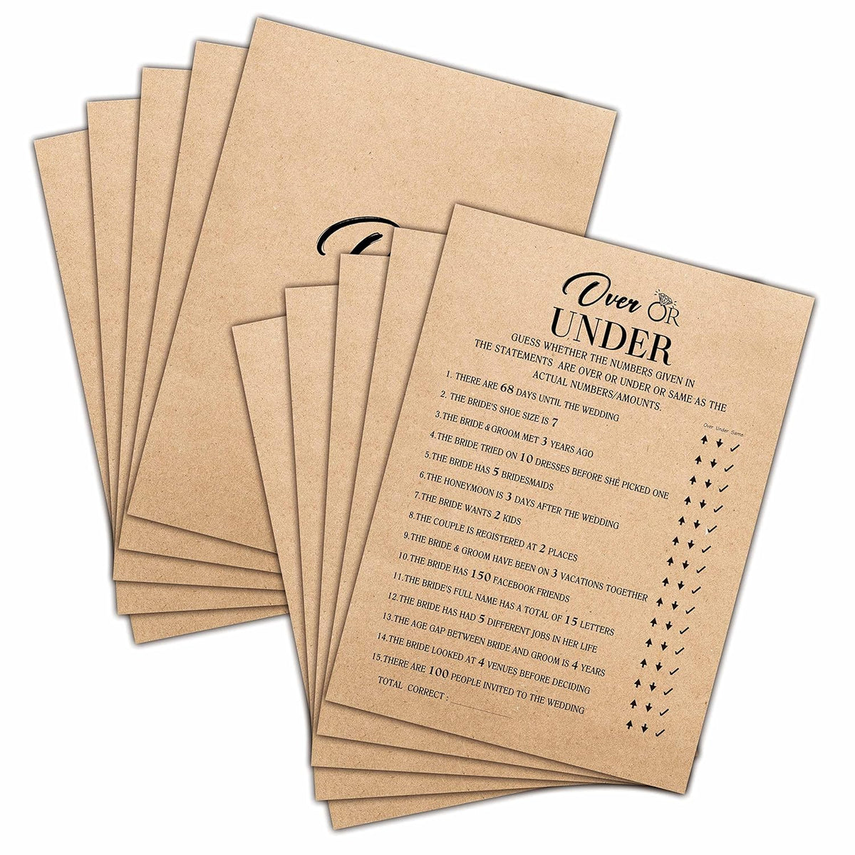 Bridal Shower Game Set - Over Or Under Cards For Wedding - Kraft Rustic Wedding Party Favor Decor - Unique Engagement/Bachelorette Party Games & Activities - 30 Game Cards(E04)