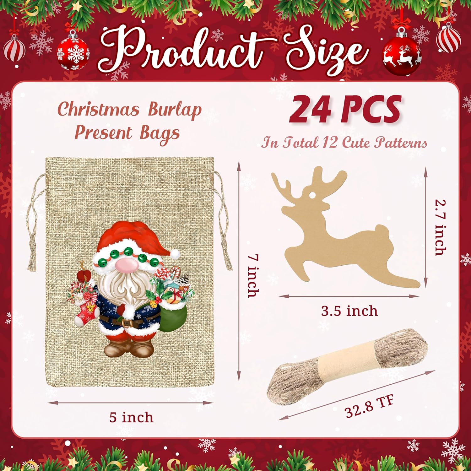Christmas Burlap Gift Bags With Drawstrings 24Pcs, Watercolor 12 Designs Christmas Gnome Linen Wrapping Bags, Small Christmas Treat Candy Bags For Holiday Party Favor Supplies
