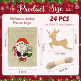 Christmas Burlap Gift Bags With Drawstrings 24Pcs, Watercolor 12 Designs Christmas Gnome Linen Wrapping Bags, Small Christmas Treat Candy Bags For Holiday Party Favor Supplies
