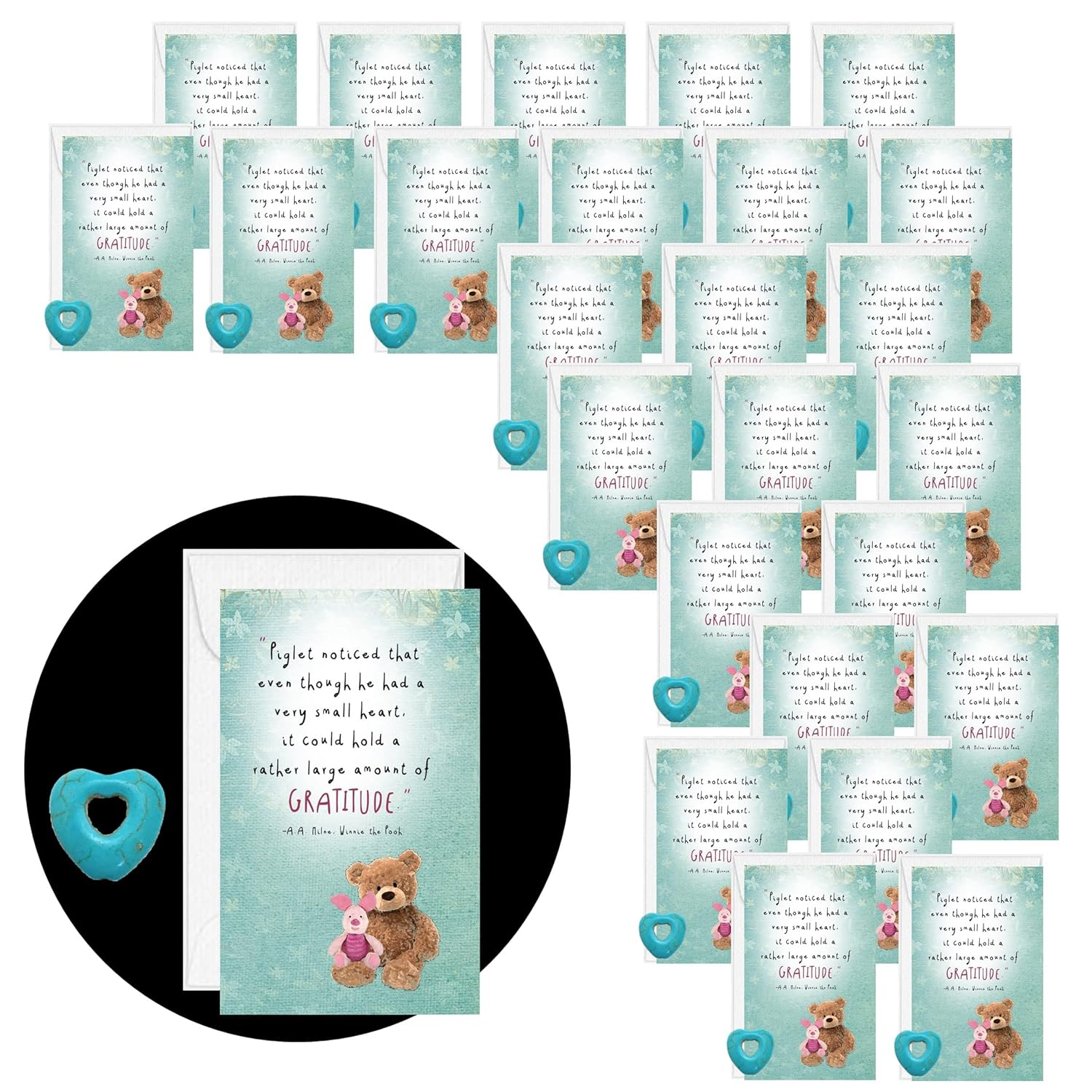 | Bulk 25 Gift Sets | A Heart Can Hold A Lot Of Gratitude Piglet Quote Mini Appreciation Cards And Envelopes | Employees Staff Students Teachers | Turquoise Hearts