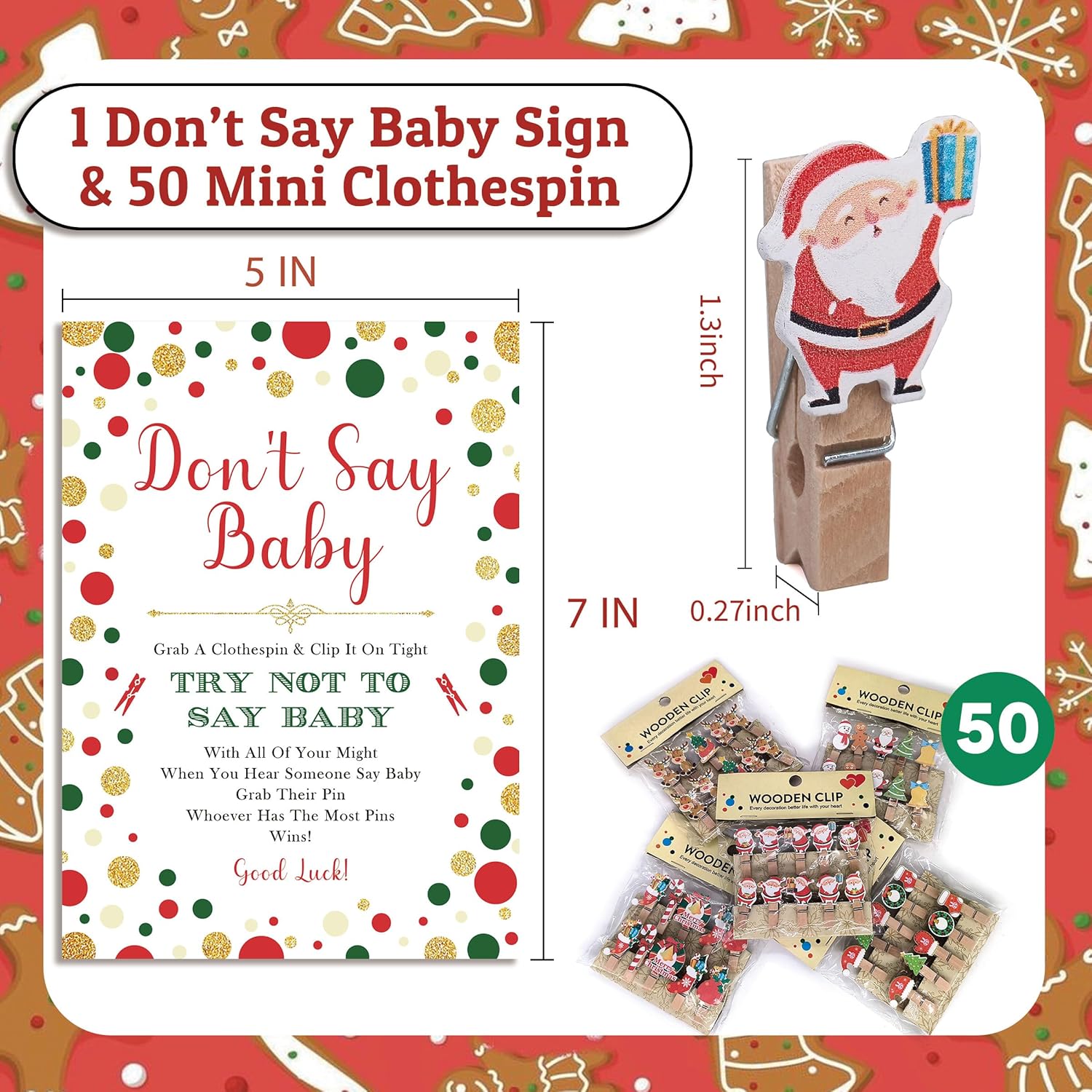 Don'T Say Baby Game,Christmas Games For Party, Christmas Baby Shower Game,Christmas Wooden Clothespins, Christmas Baby Shower Decorations-Dsbb10