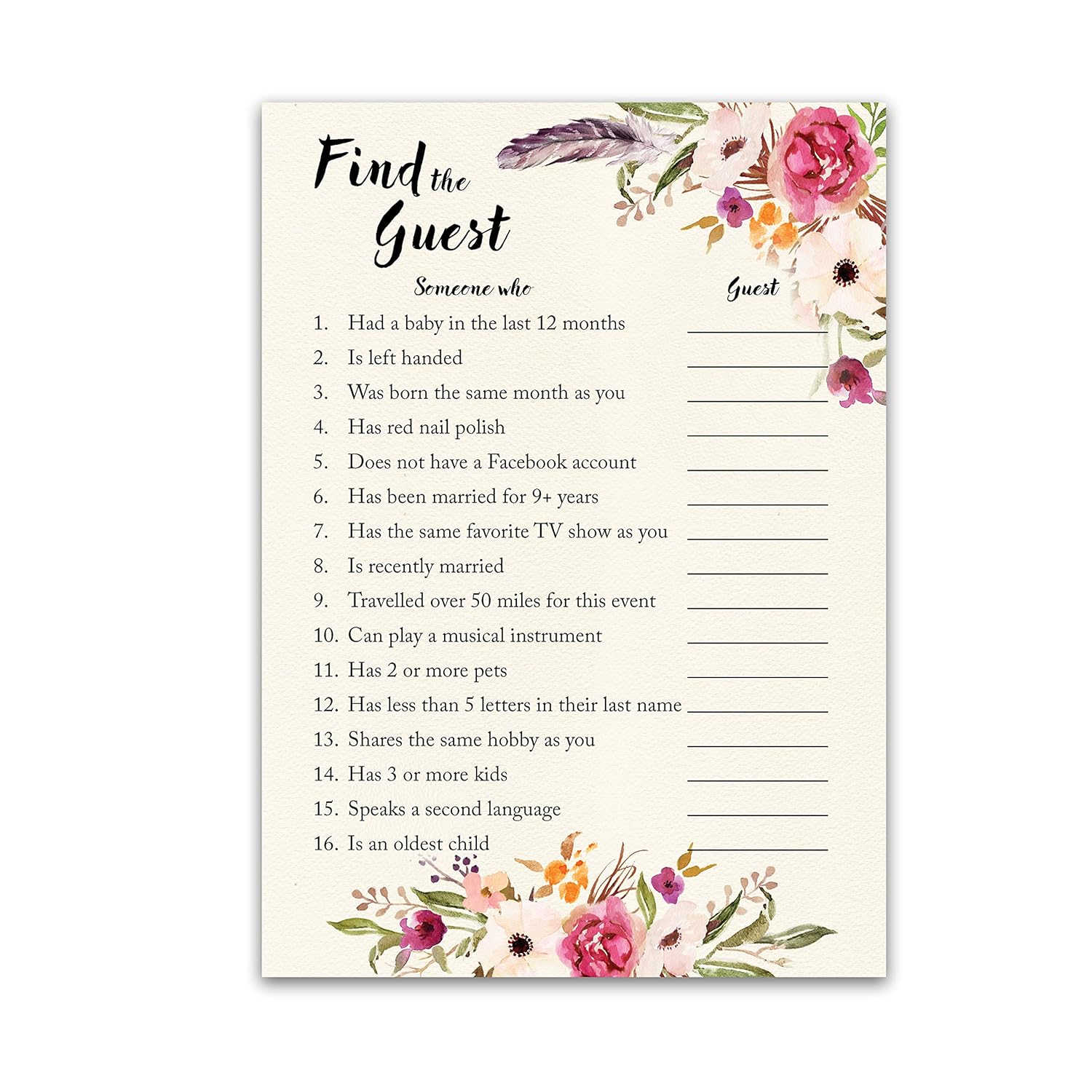 Boho Find The Guest Baby Shower Game — Pack Of 25 — Girl Bohemian Icebreaker Baby Shower Party Game, Guess Who Came To The Party Games, Pink Floral Shower Quiz G400-Ftg