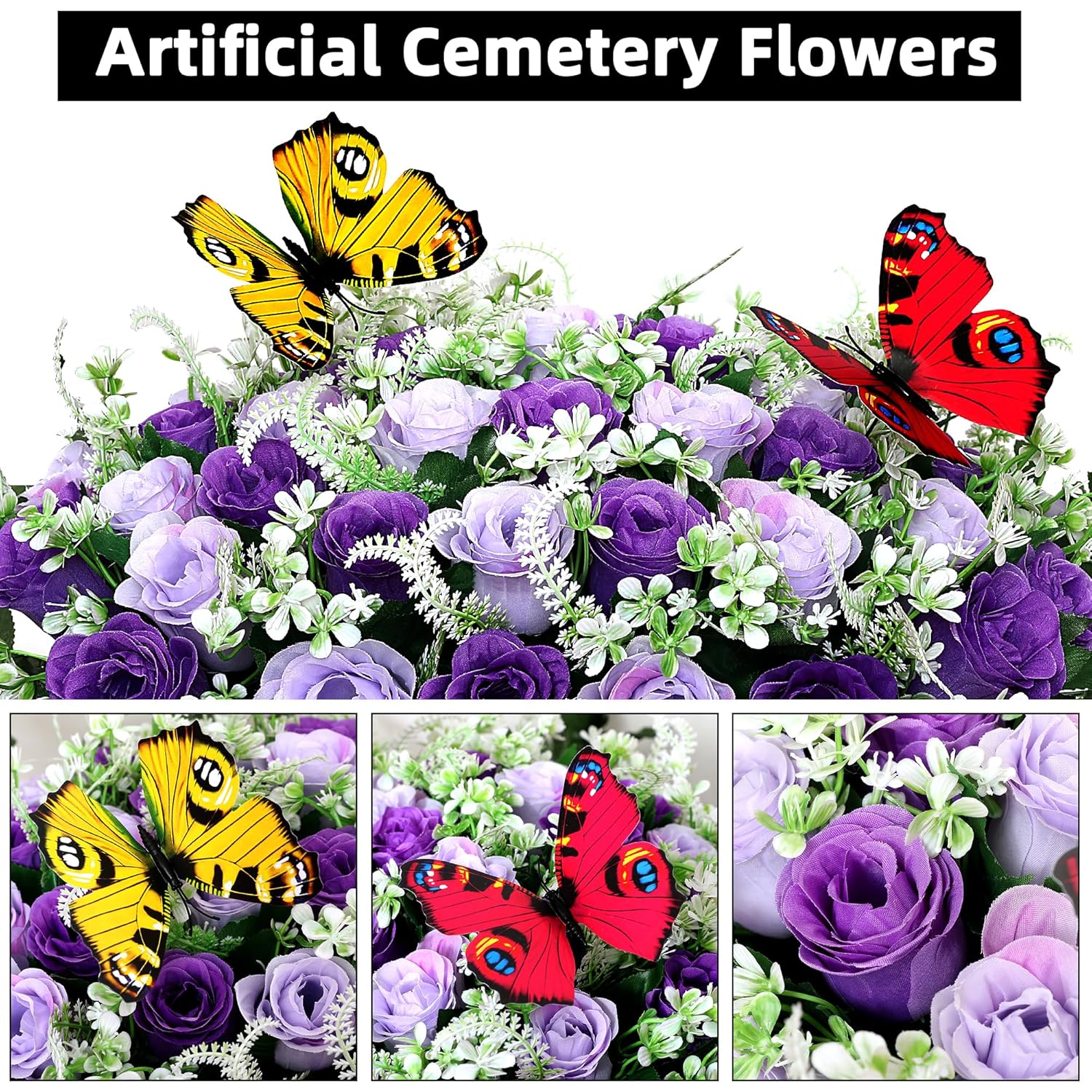 Artificial Cemetery Flowers For Grave,Large Headstone Flower Saddle Realistic Grave Flowers Memorial Silk Rose Flowers With Butterflies For Headstone Grave Decoration Non-Fading Easy Fit (Purple)