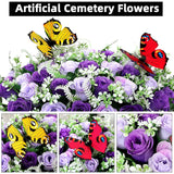 Artificial Cemetery Flowers For Grave,Large Headstone Flower Saddle Realistic Grave Flowers Memorial Silk Rose Flowers With Butterflies For Headstone Grave Decoration Non-Fading Easy Fit (Purple)