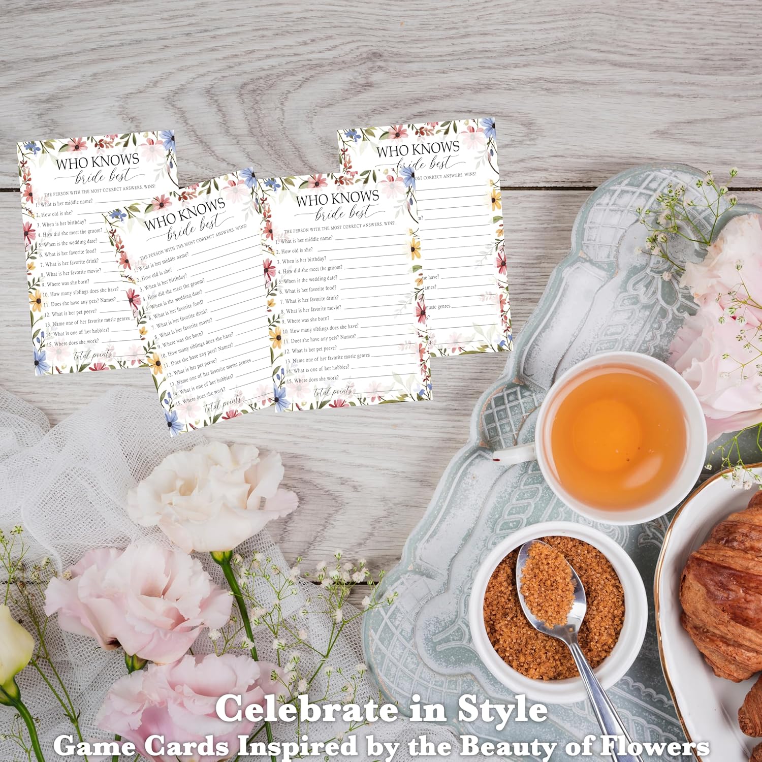Who Knows The Bride Best, Wildflowers Bridal Shower Games Cards, 30 Guests Elegant Wedding Activity For Bachelorette Engagement Party Decorations Favors- A07