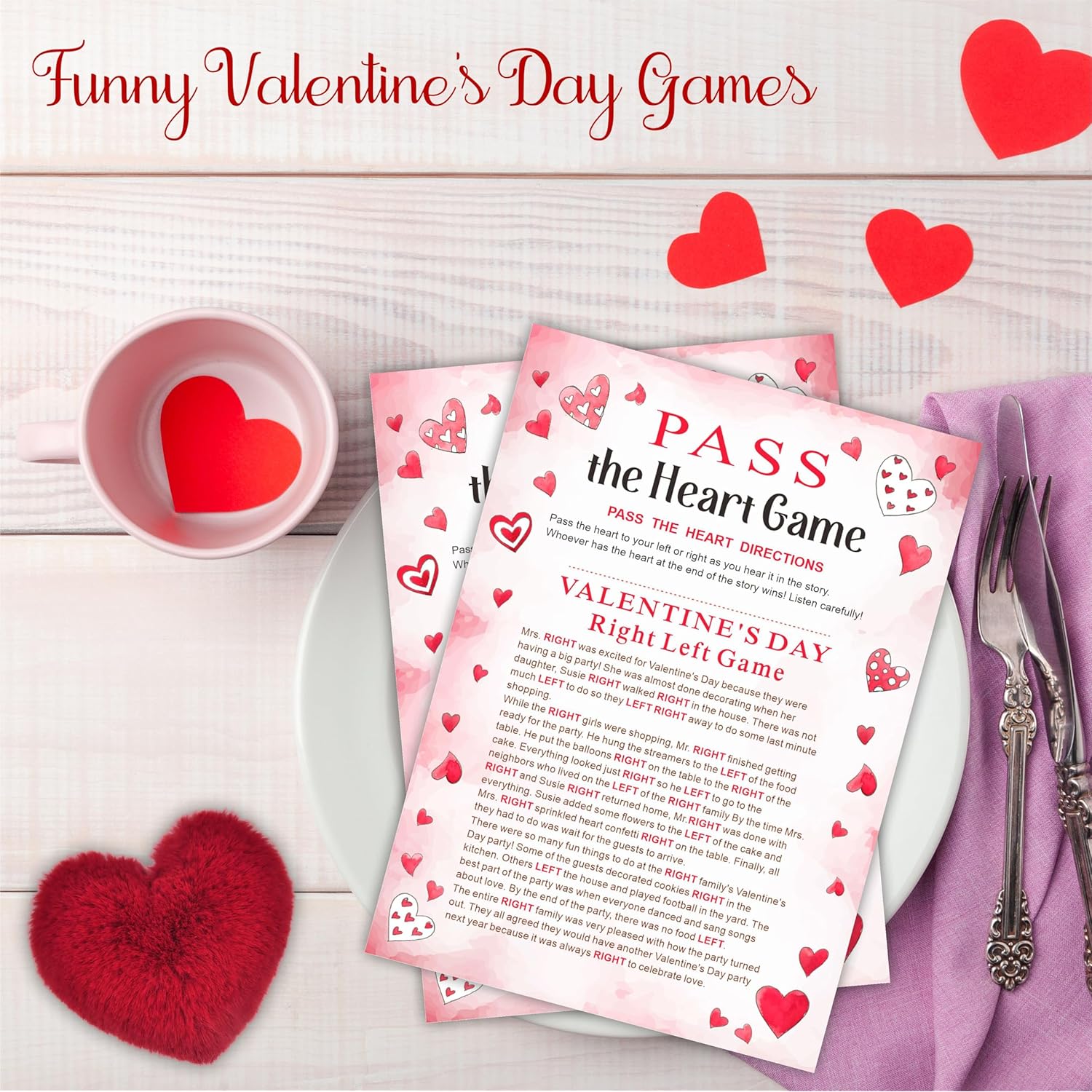 Valentine'S Day Pass The Heart Game, 2 Left Right Story & A Fluffy Heart, Valentine'S Day Party Games & Supplies - A02