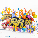 3D Pop Up Happy 86Th Birthday Card – Blue Design With Glitter Numbers, Balloons, Cakes & Gifts – Unique Bday Card For Dad, Mom, Husband, Wife, Man Or Woman – 5" X 7"